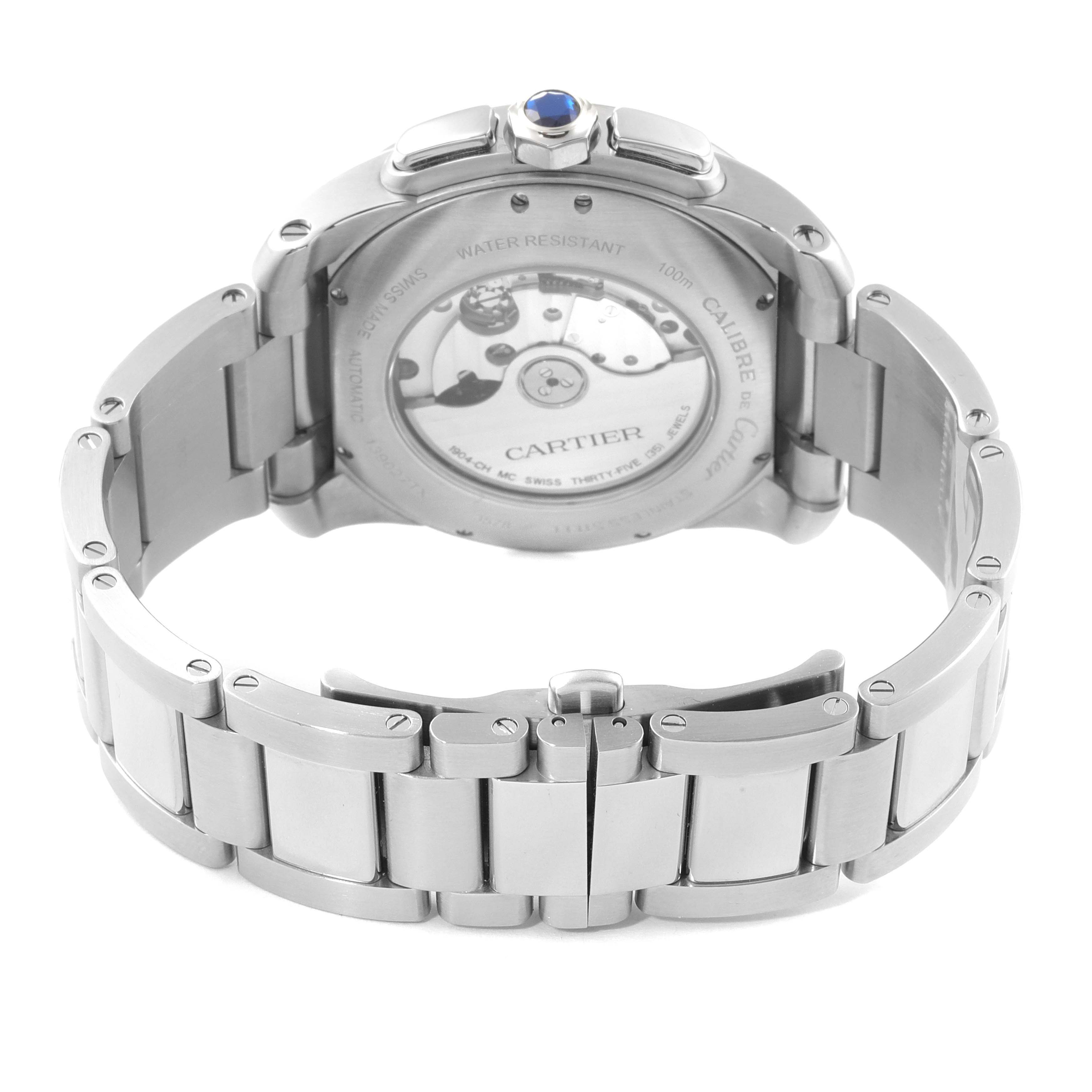 The image shows the back view of a Calibre de Cartier watch by Cartier, highlighting its bracelet and transparent case back.