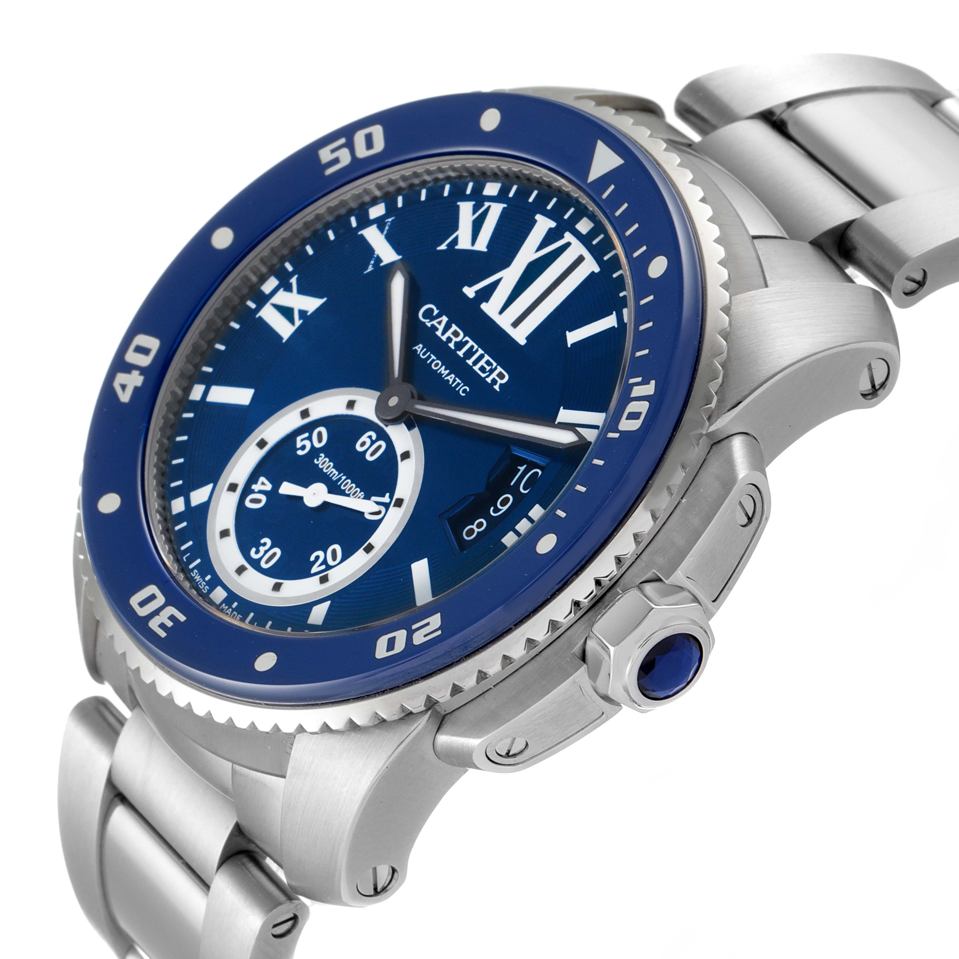 The Calibre de Cartier watch by Cartier is shown from an angled side view, displaying the face, bezel, crown, and part of the bracelet.