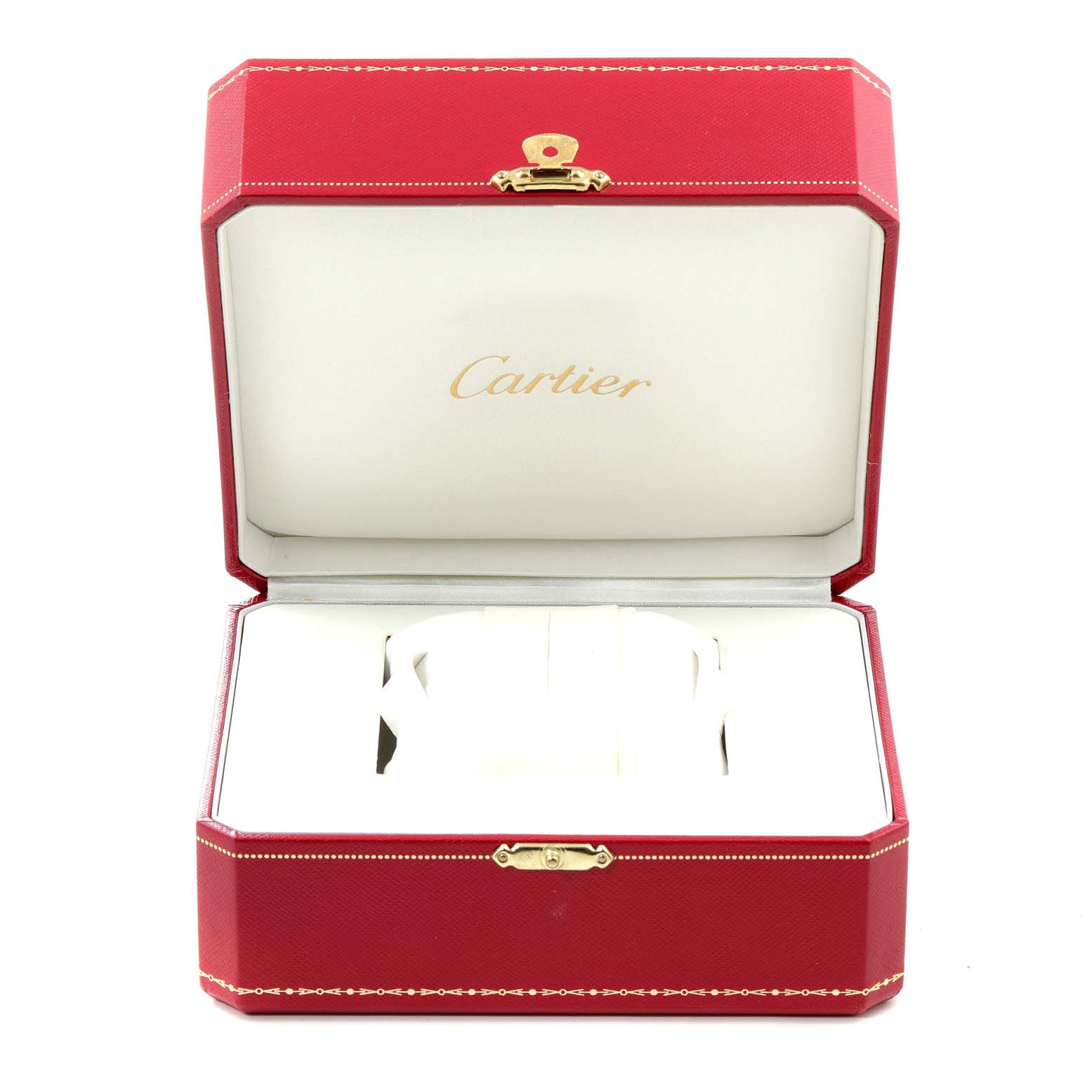 The image shows an open red Cartier box with the name "Cartier" on the interior, likely for a Calibre de Cartier model watch.