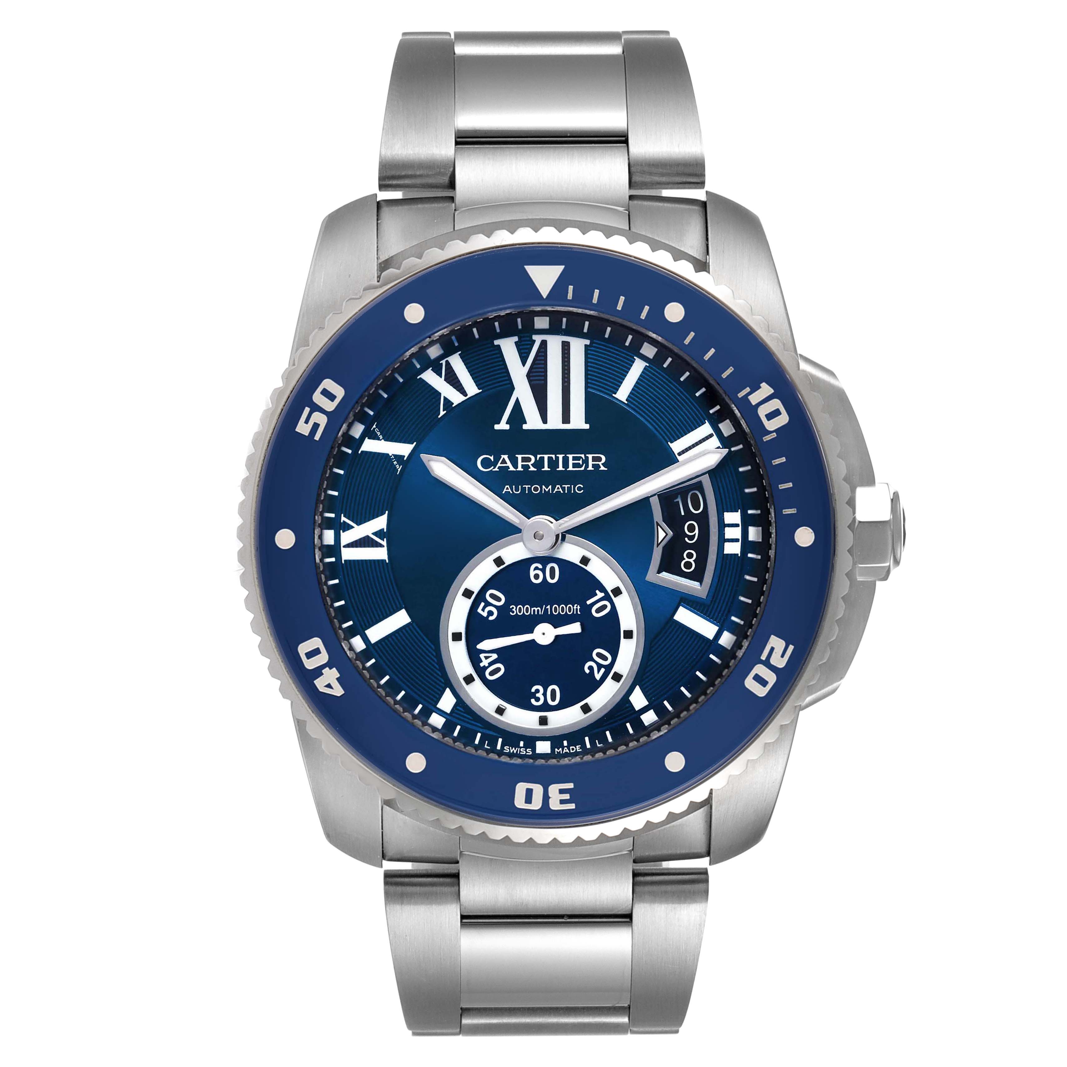 The image shows a front view of the Calibre de Cartier watch by Cartier, highlighting the dial, bezel, and metal bracelet.