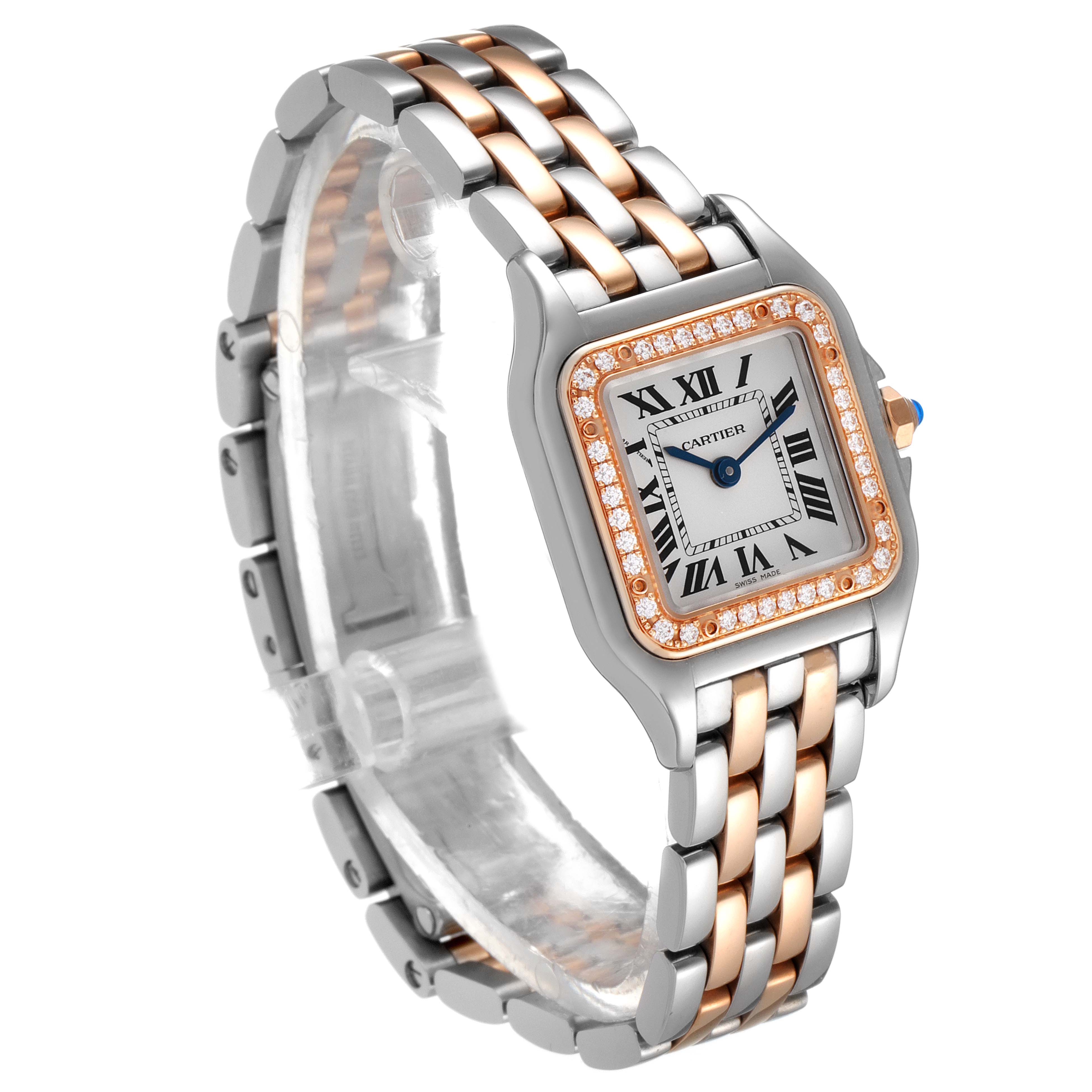 The angle shows a three-quarter view of the Cartier Panthere W3PN0006 Women's Steel and Gold (two tone) Silver Dial W3PN0006 Women's Steel and Gold (two tone) Silver Dial watch, highlighting its two-tone bracelet and diamond-encrusted bezel.
