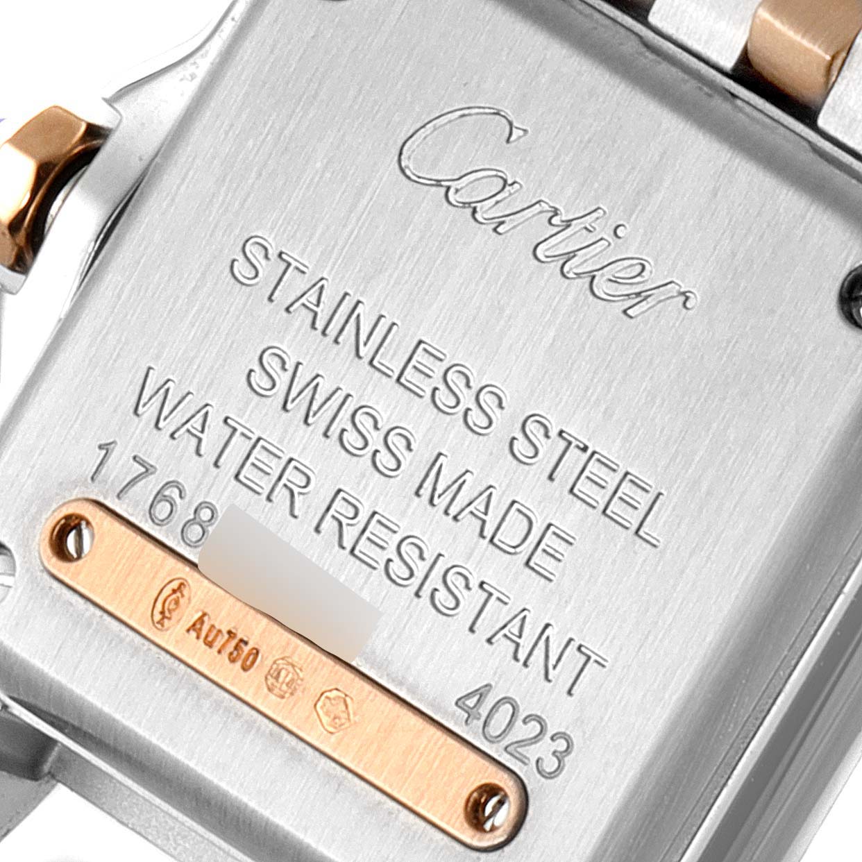 The image shows the back case of the Cartier Panthere W3PN0006 Women's Steel and Gold (two tone) Silver Dial W3PN0006 Women's Steel and Gold (two tone) Silver Dial watch, highlighting details about its material and water resistance.