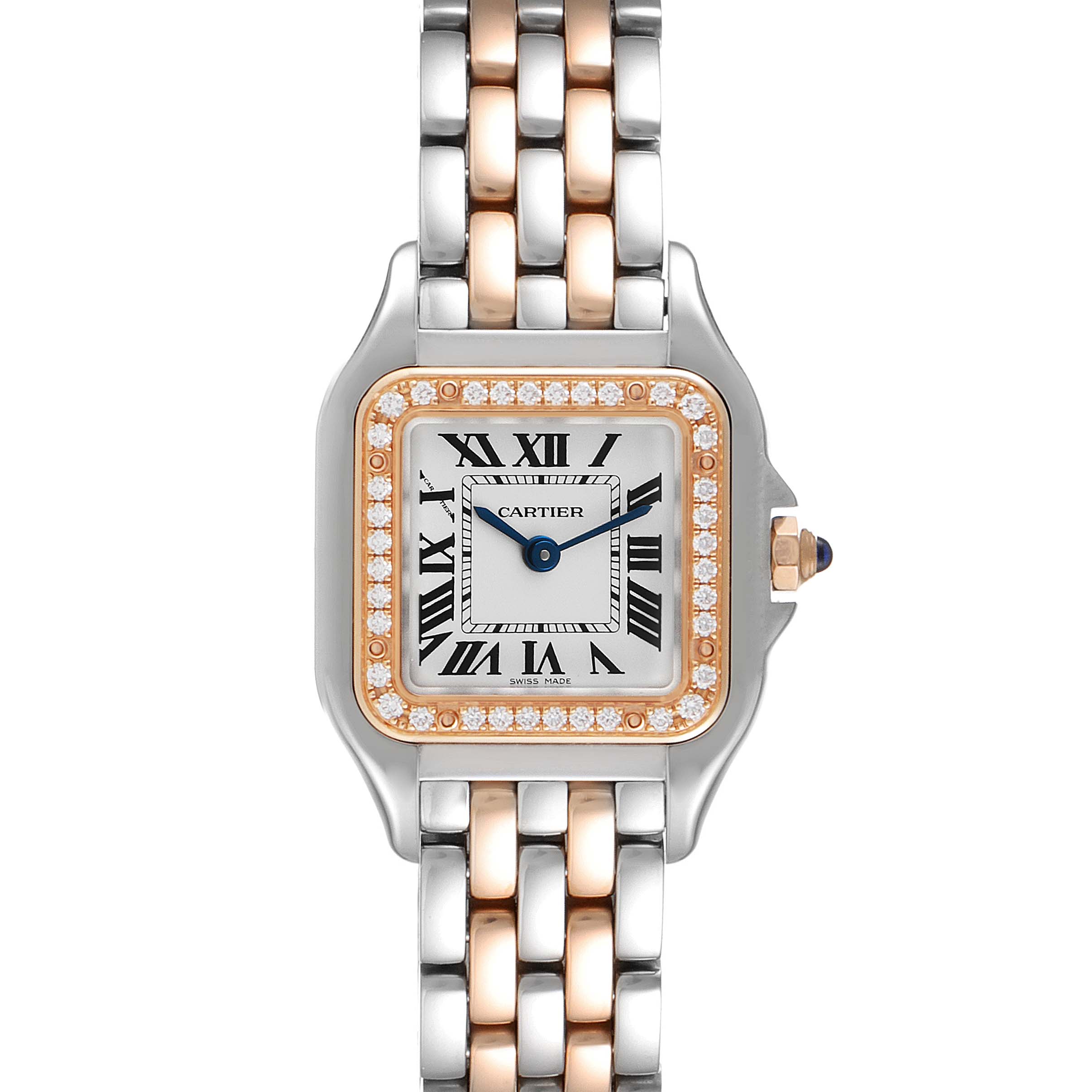 The image shows a front view of a Cartier Panthere W3PN0006 Women's Steel and Gold (two tone) Silver Dial W3PN0006 Women's Steel and Gold (two tone) Silver Dial watch, highlighting the bezel, dial, and bracelet.