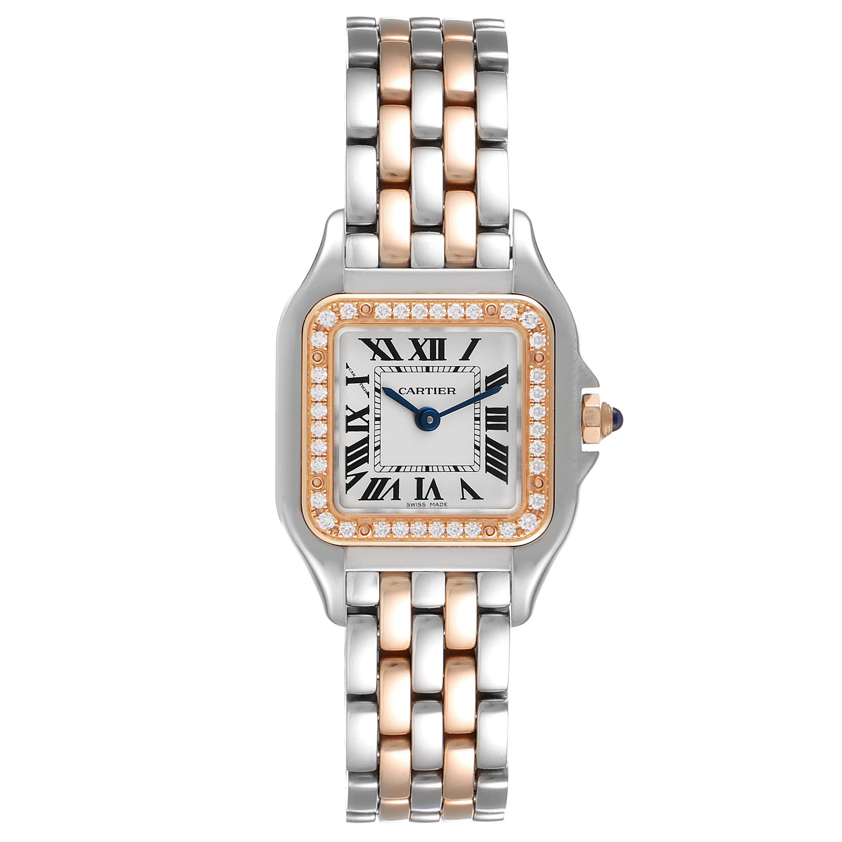 This Panthère de Cartier watch is shown from a top-down angle, featuring its face, bezel, and bracelet.