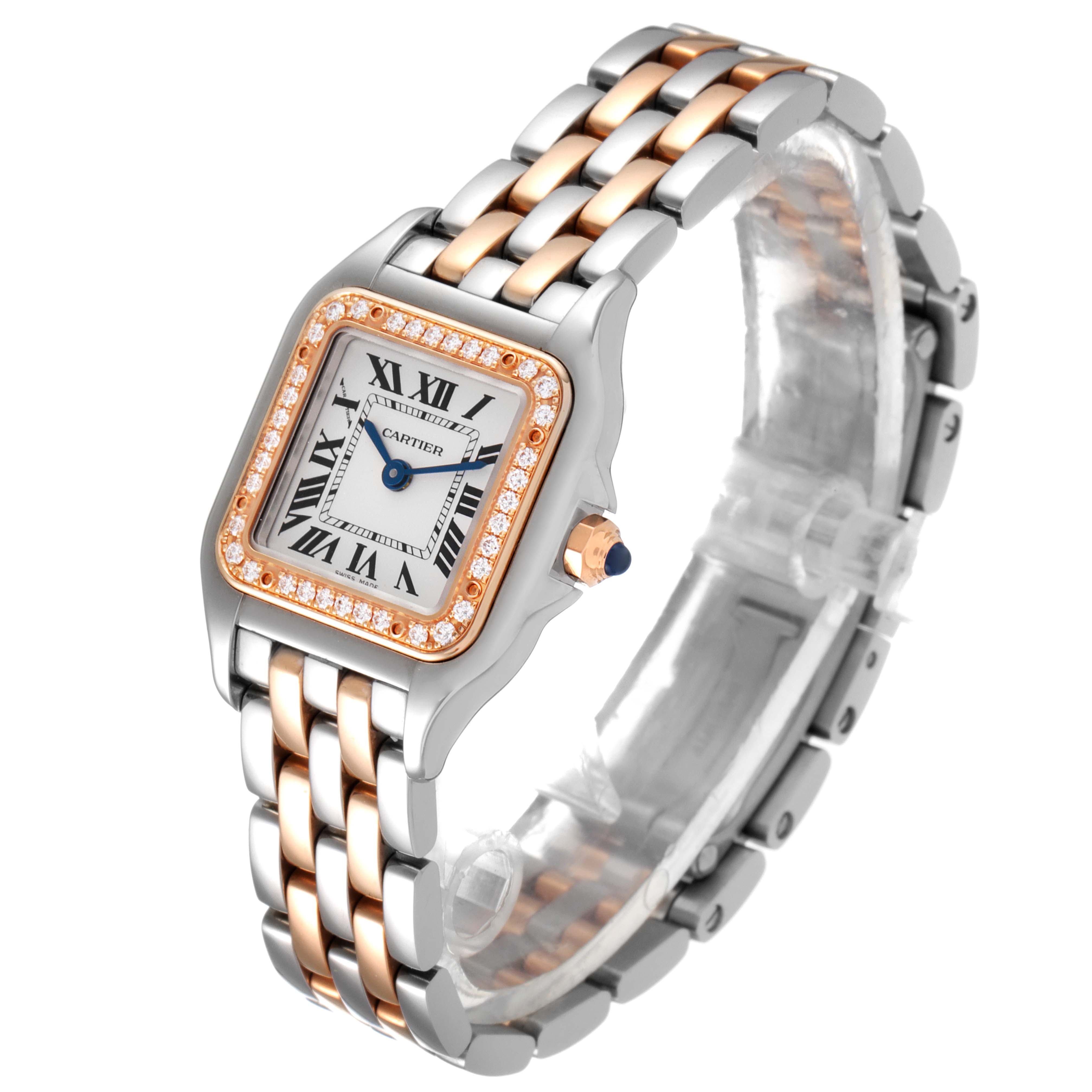 The image shows a side and front angle of the Cartier Panthere W3PN0006 Women's Steel and Gold (two tone) Silver Dial W3PN0006 Women's Steel and Gold (two tone) Silver Dial watch, highlighting its two-tone band and diamond-encrusted bezel.