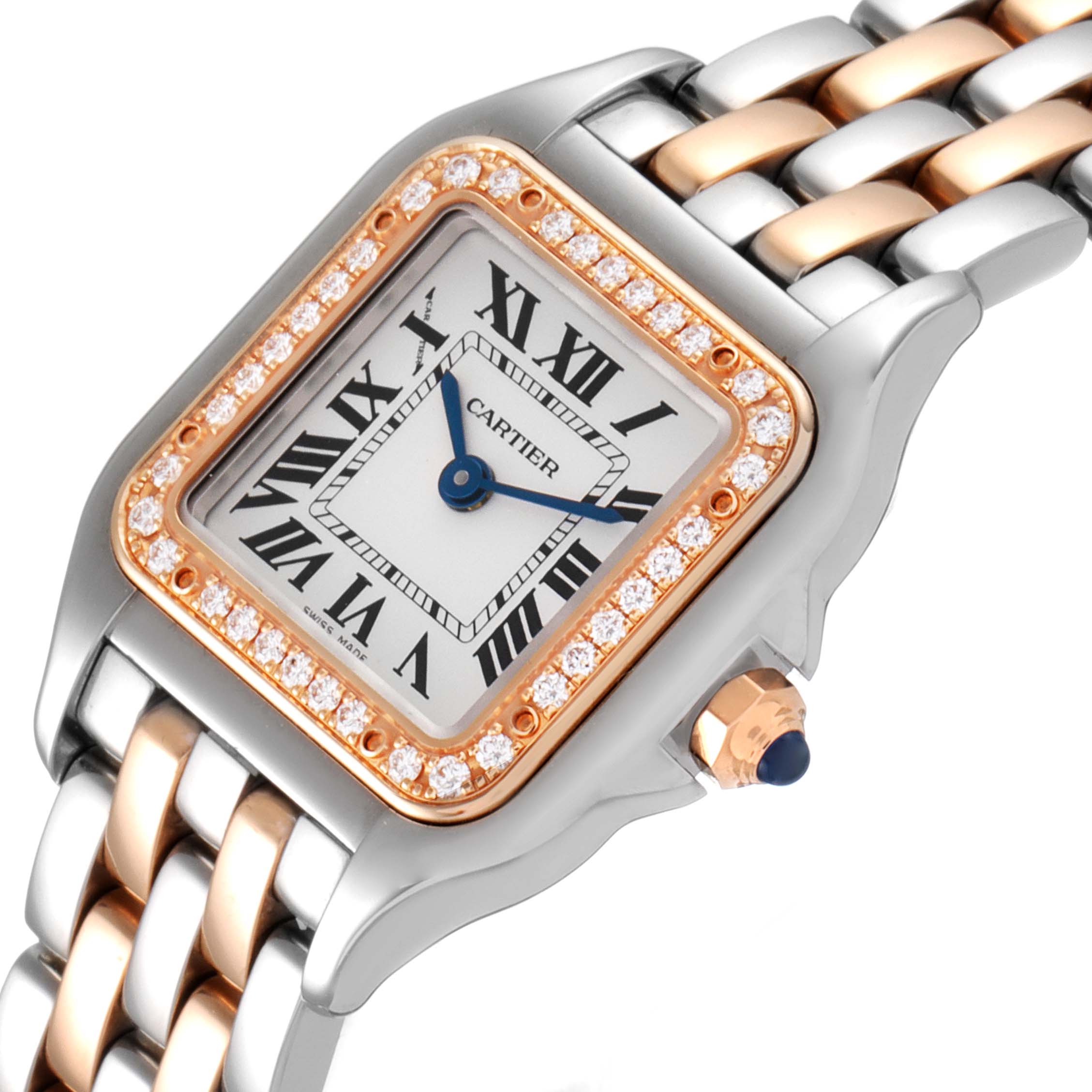 The image shows a close-up of the Cartier Panthere W3PN0006 Women's Steel and Gold (two tone) Silver Dial W3PN0006 Women's Steel and Gold (two tone) Silver Dial watch, highlighting the face, bezel, dial, and part of the band.