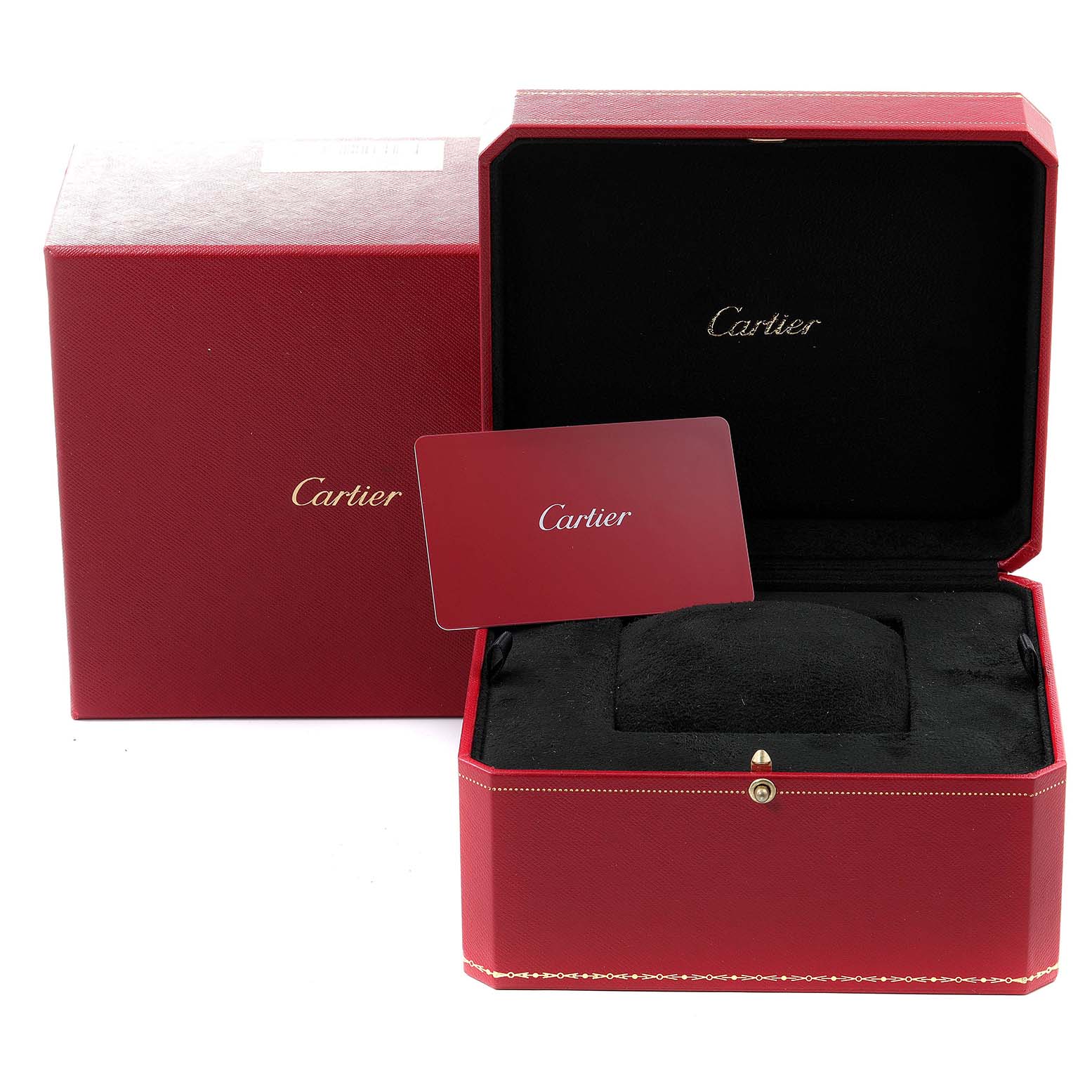 The image shows a Cartier Panthere W3PN0006 Women's Steel and Gold (two tone) Silver Dial W3PN0006 Women's Steel and Gold (two tone) Silver Dial watch box with a red outer box, an open black velvet inner box, and a red Cartier card.