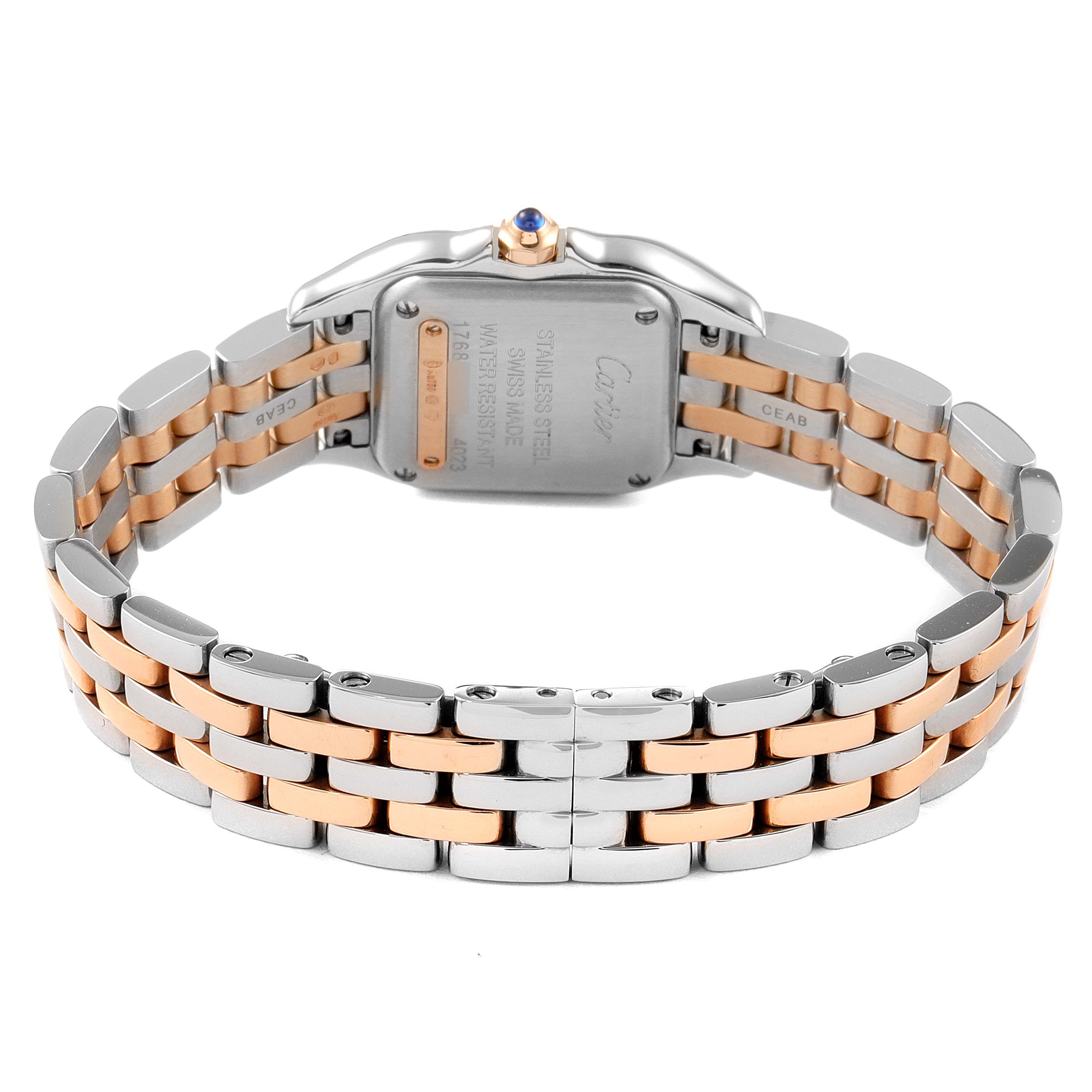 The image shows the back of a Cartier Panthere W3PN0006 Women's Steel and Gold (two tone) Silver Dial W3PN0006 Women's Steel and Gold (two tone) Silver Dial model watch, highlighting its stainless steel and gold bracelet.
