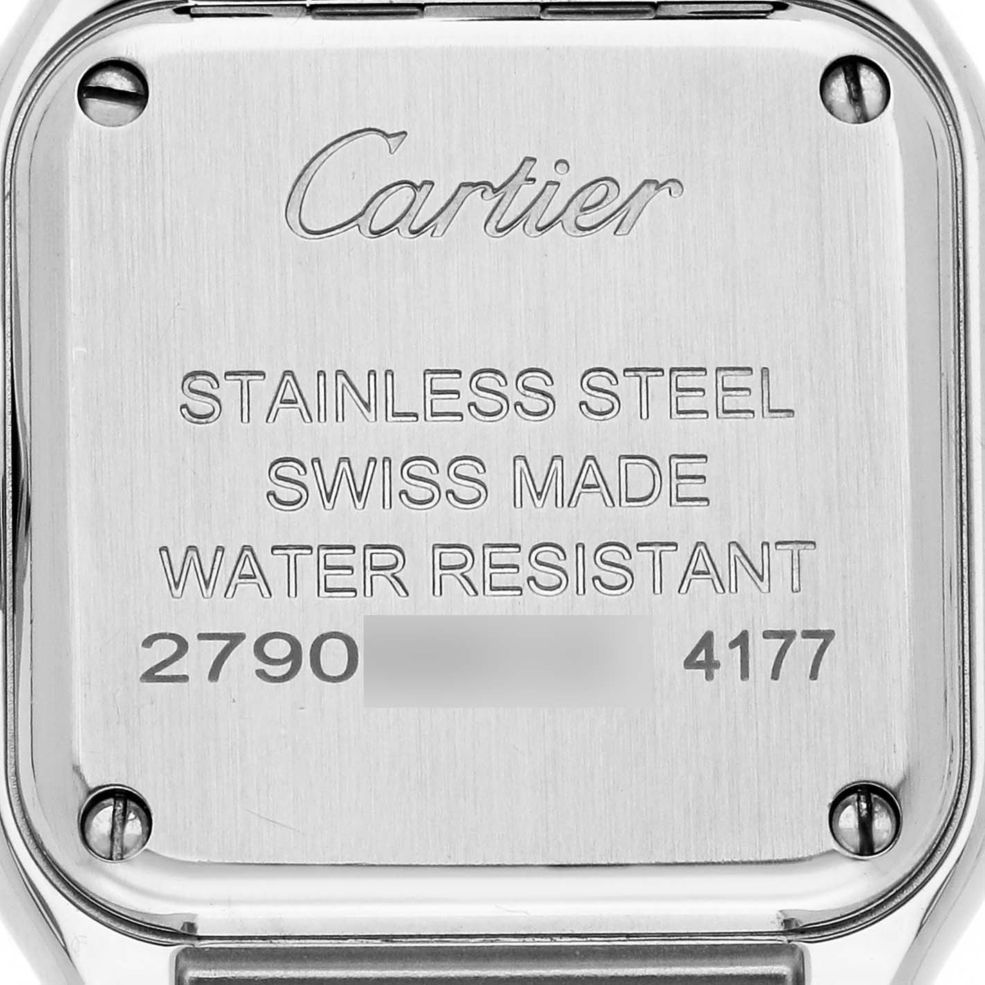 This image shows the back of the Cartier Panthere W4PN0007 Women's Stainless Steel Silver Dial W4PN0007 Women's Stainless Steel Silver Dial watch, highlighting its stainless steel case and engraved specifications.
