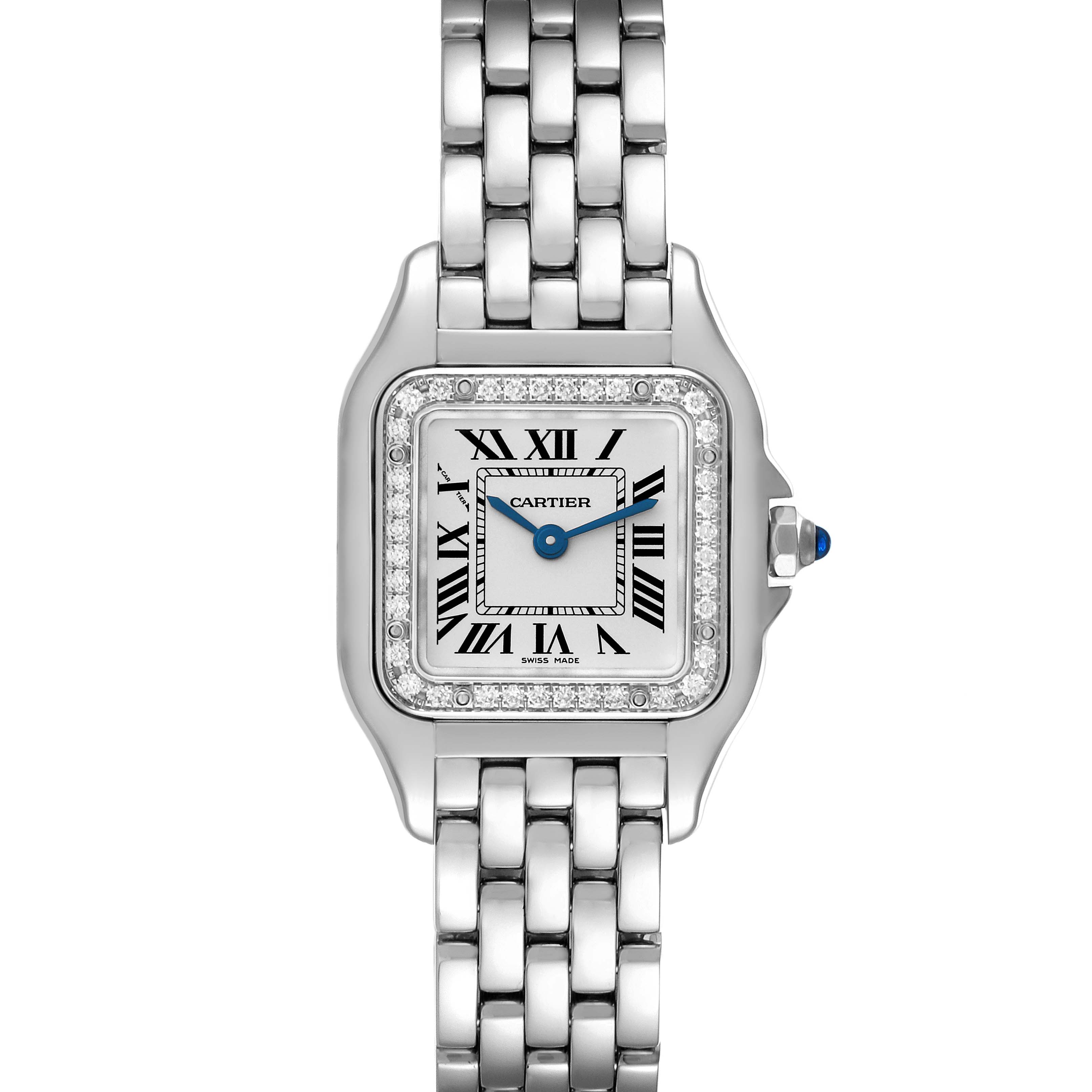 This image shows a full frontal view of a Cartier Panthère watch, displaying the face, bezel, and bracelet.