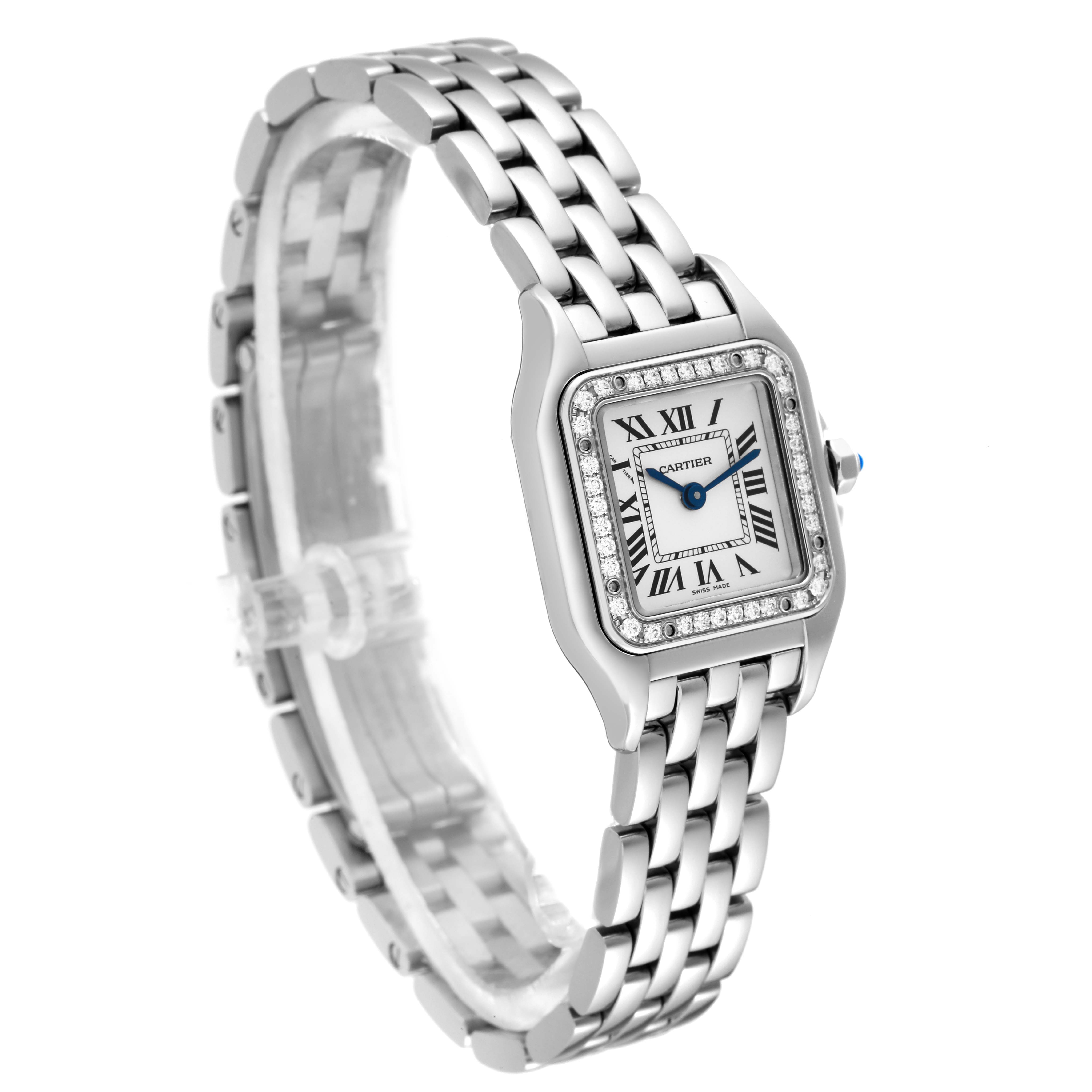 The Cartier Panthere W4PN0007 Women's Stainless Steel Silver Dial W4PN0007 Women's Stainless Steel Silver Dial watch is shown at a three-quarter angle, displaying the face, bezel, and bracelet.