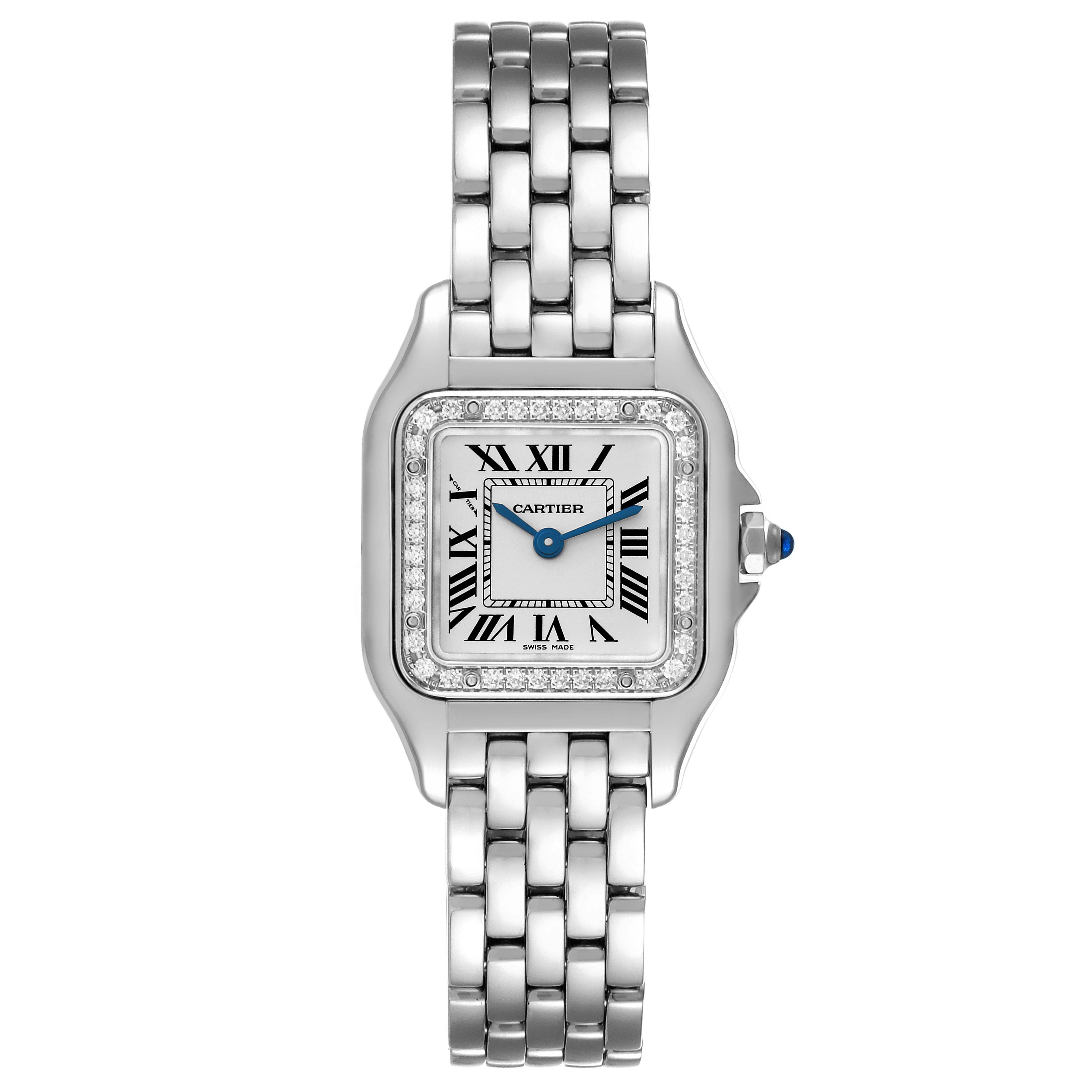 This image shows a front angle view of the Cartier Panthère watch featuring its face, bezel, and bracelet.