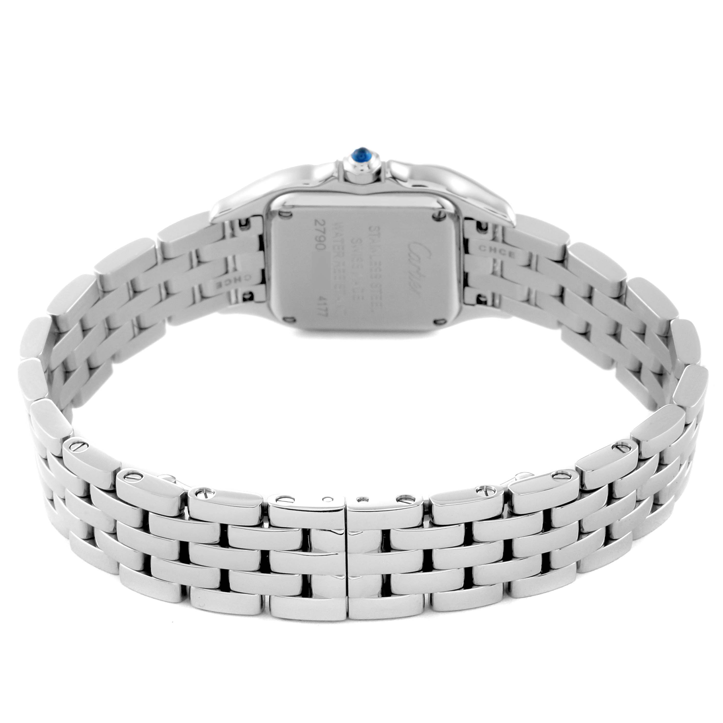 The image shows the back view of the Cartier Panthere W4PN0007 Women's Stainless Steel Silver Dial W4PN0007 Women's Stainless Steel Silver Dial watch, focusing on the clasp, bracelet, and case back.