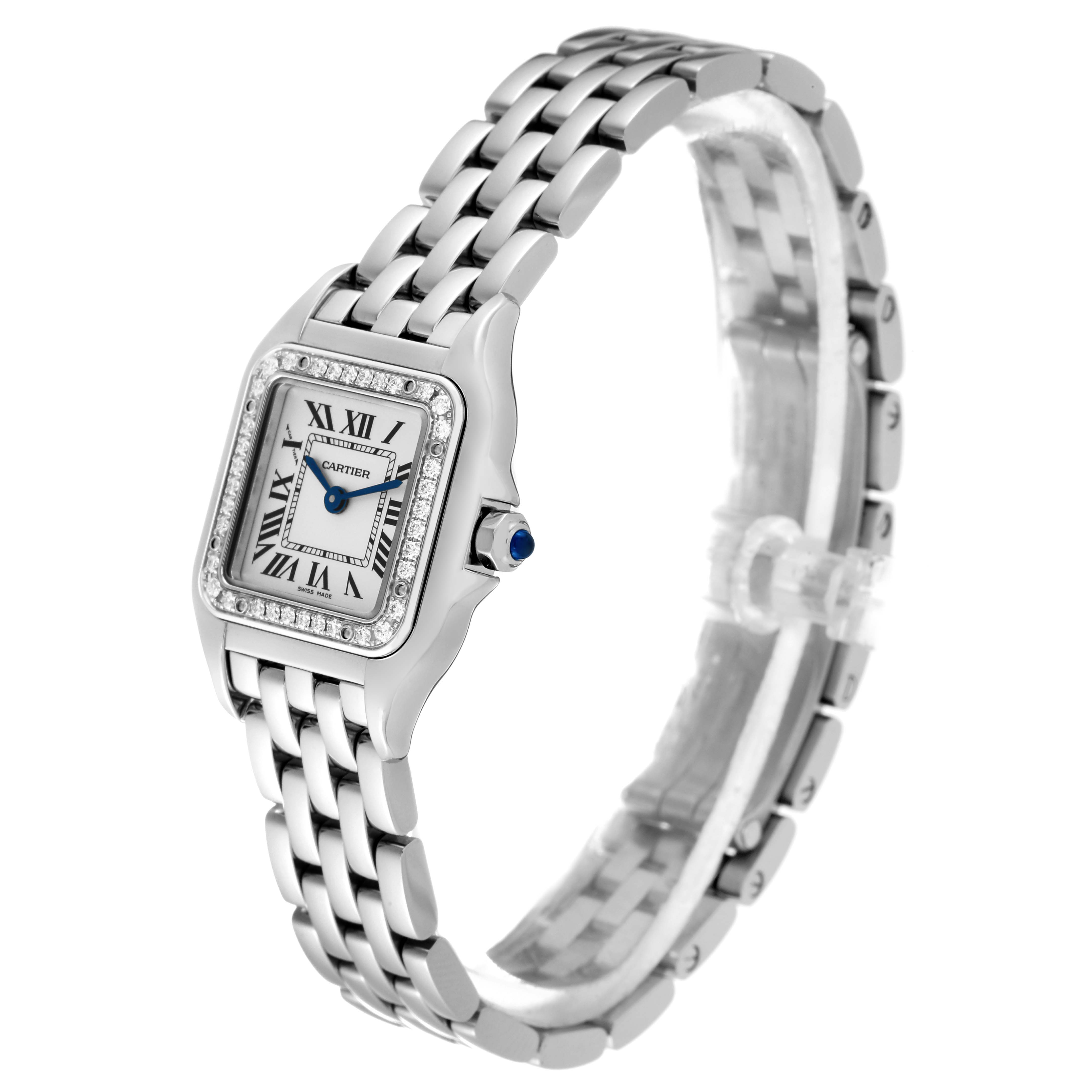 The image shows a side angle of the Cartier Panthere W4PN0007 Women's Stainless Steel Silver Dial W4PN0007 Women's Stainless Steel Silver Dial watch, highlighting its bracelet and dial with Roman numerals.