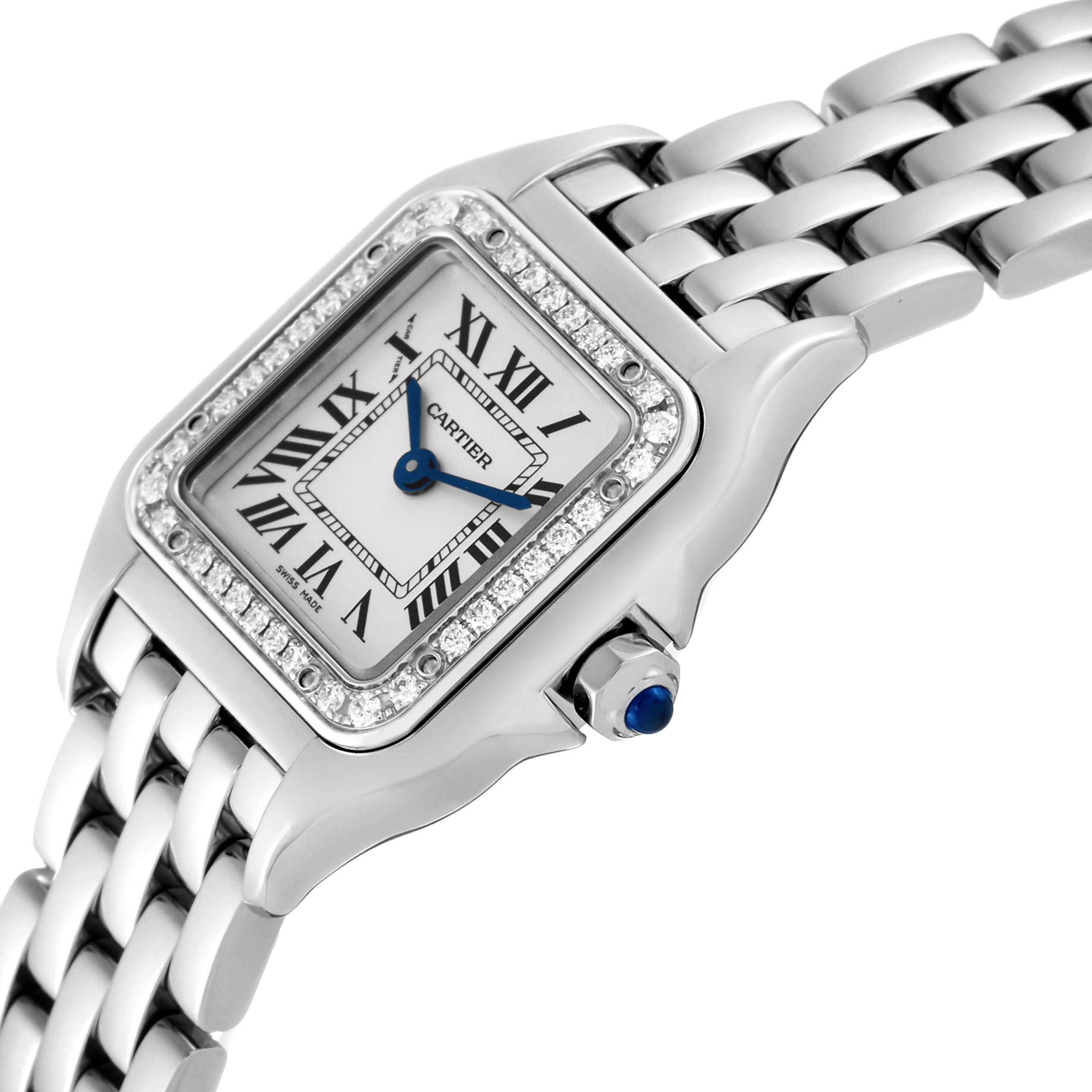 The image shows a tilted view of the Cartier Panthere W4PN0007 Women's Stainless Steel Silver Dial W4PN0007 Women's Stainless Steel Silver Dial watch, highlighting its dial, bezel, crown, and part of the bracelet.