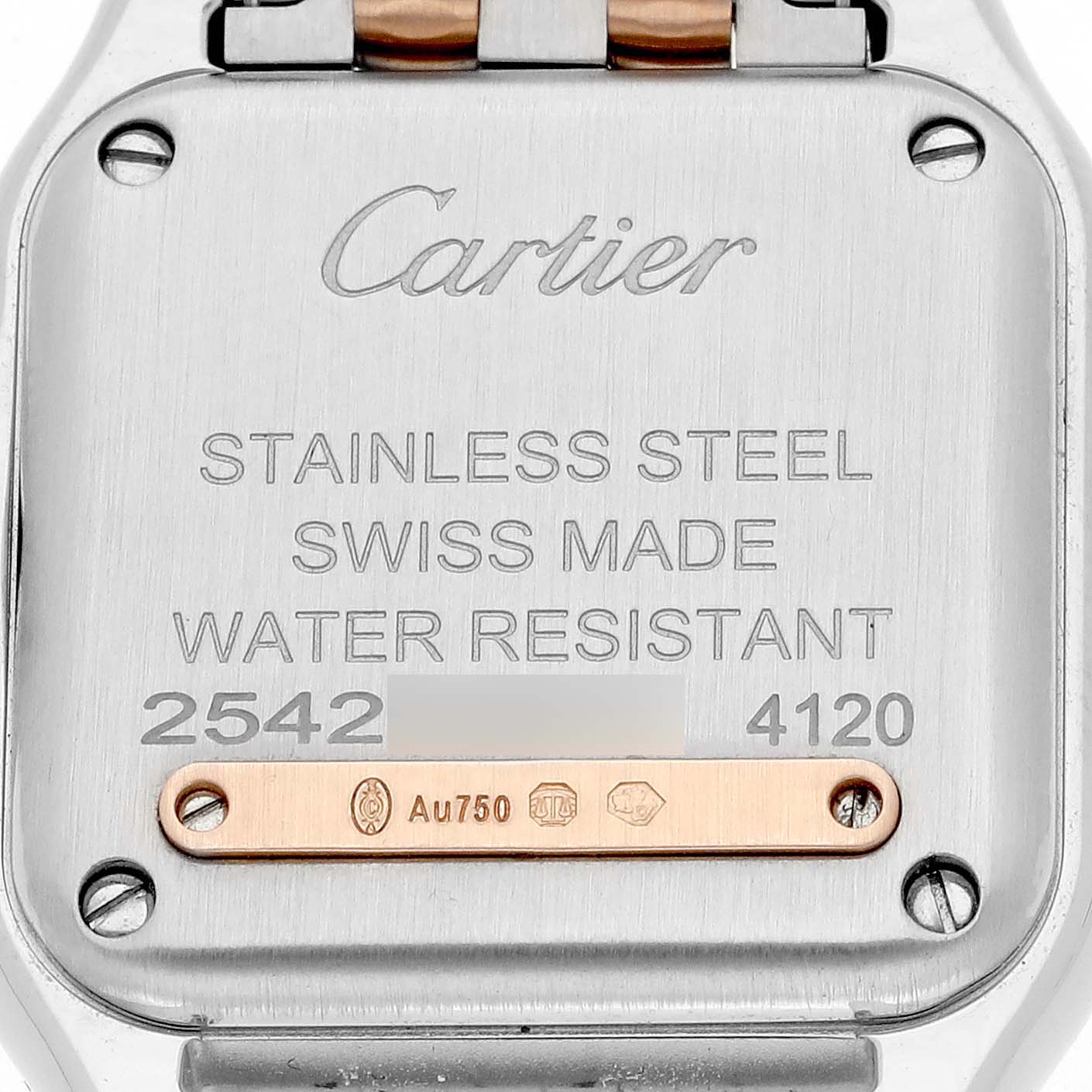 This is the back case of the Cartier Panthere W3PN0006 Women
s Steel and Gold (two tone) Silver Dial W3PN0006 Women
s Steel and Gold (two tone) Silver Dial watch showing the brand engraving, material details, and model codes.