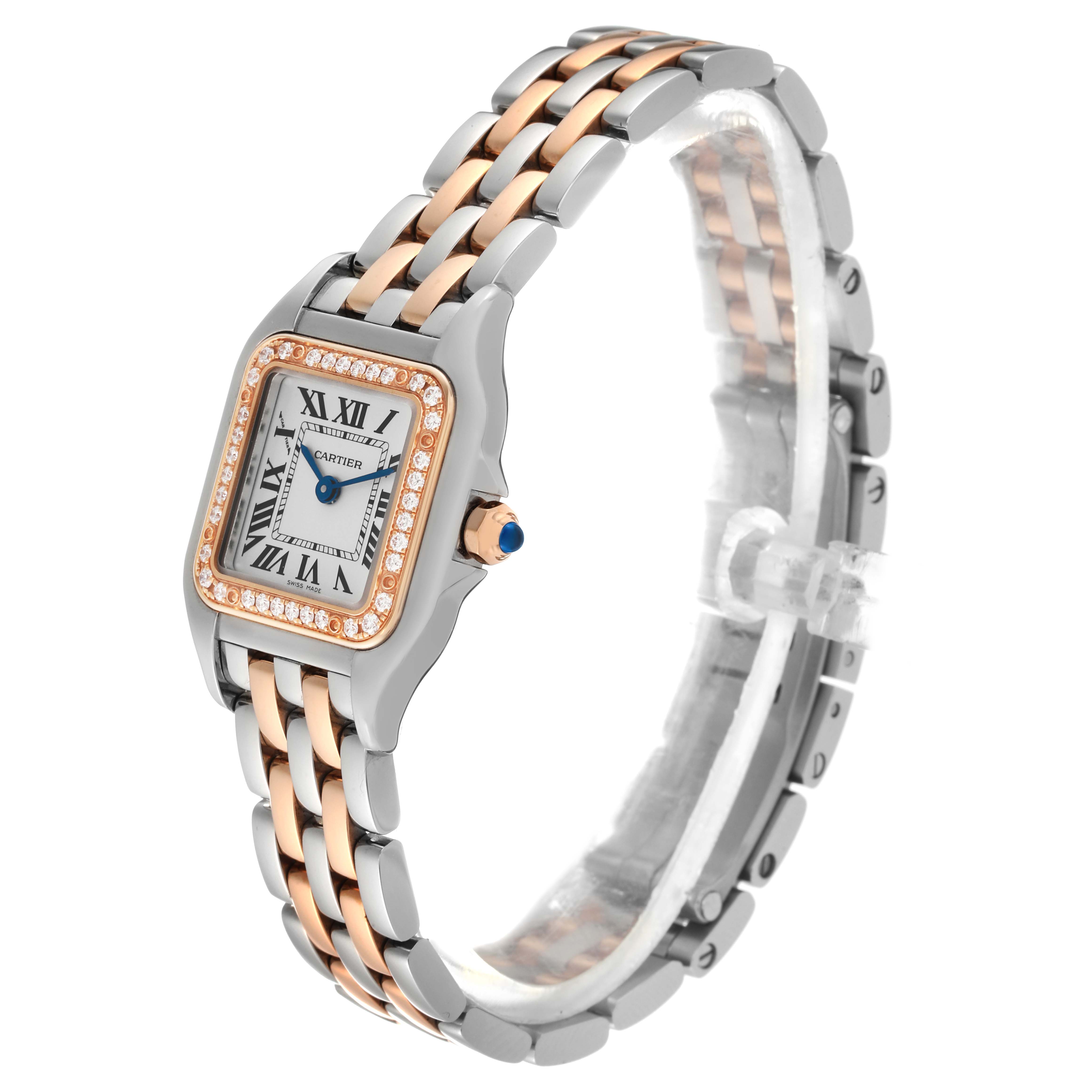 The Cartier Panthere W3PN0006 Women
s Steel and Gold (two tone) Silver Dial W3PN0006 Women
s Steel and Gold (two tone) Silver Dial watch is shown from an angled side view, highlighting its two-tone bracelet and diamond-accented square bezel.