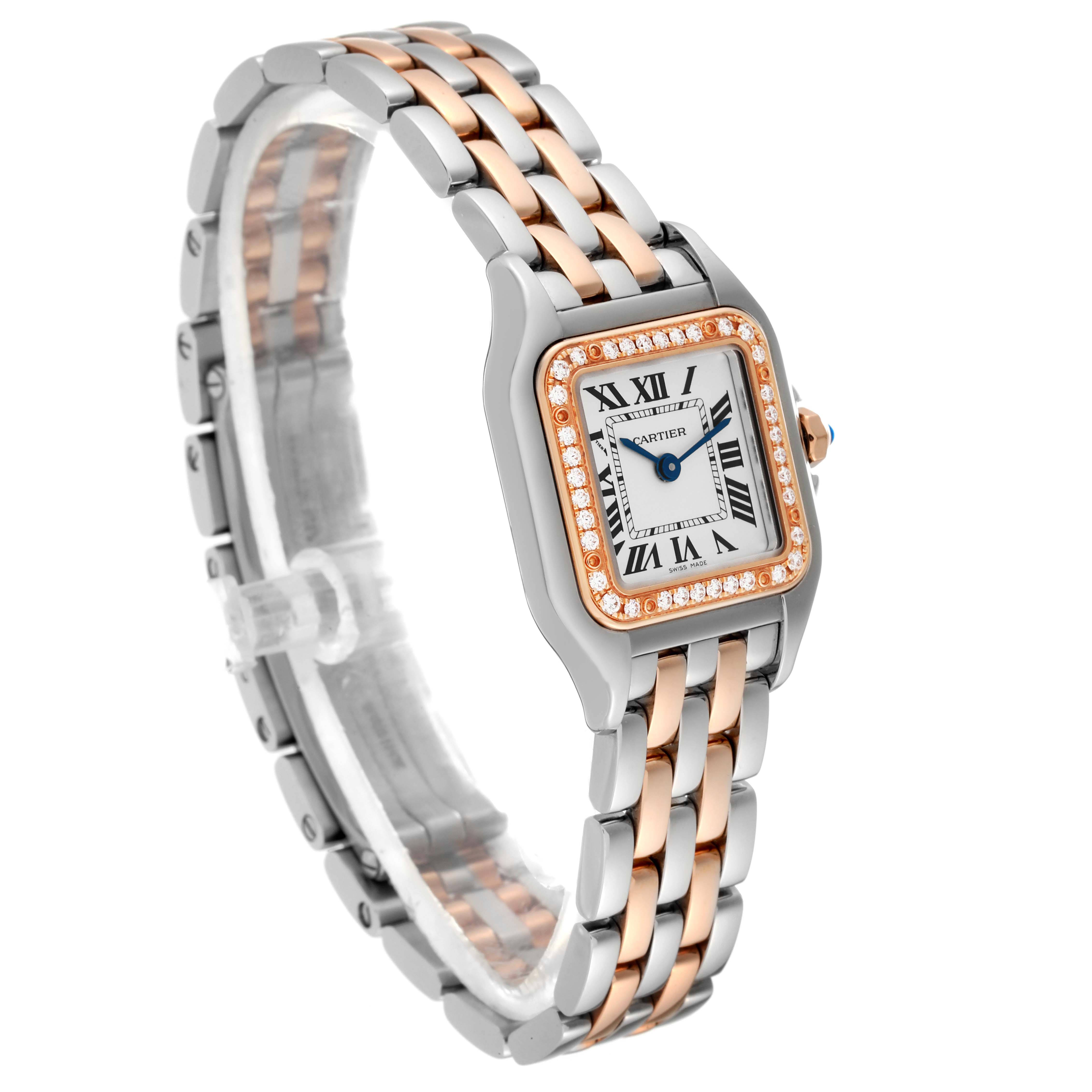 The Cartier Panthere W3PN0006 Women
s Steel and Gold (two tone) Silver Dial W3PN0006 Women
s Steel and Gold (two tone) Silver Dial model watch is shown at a three-quarter angle, highlighting its face, bezel, and two-tone metal bracelet.