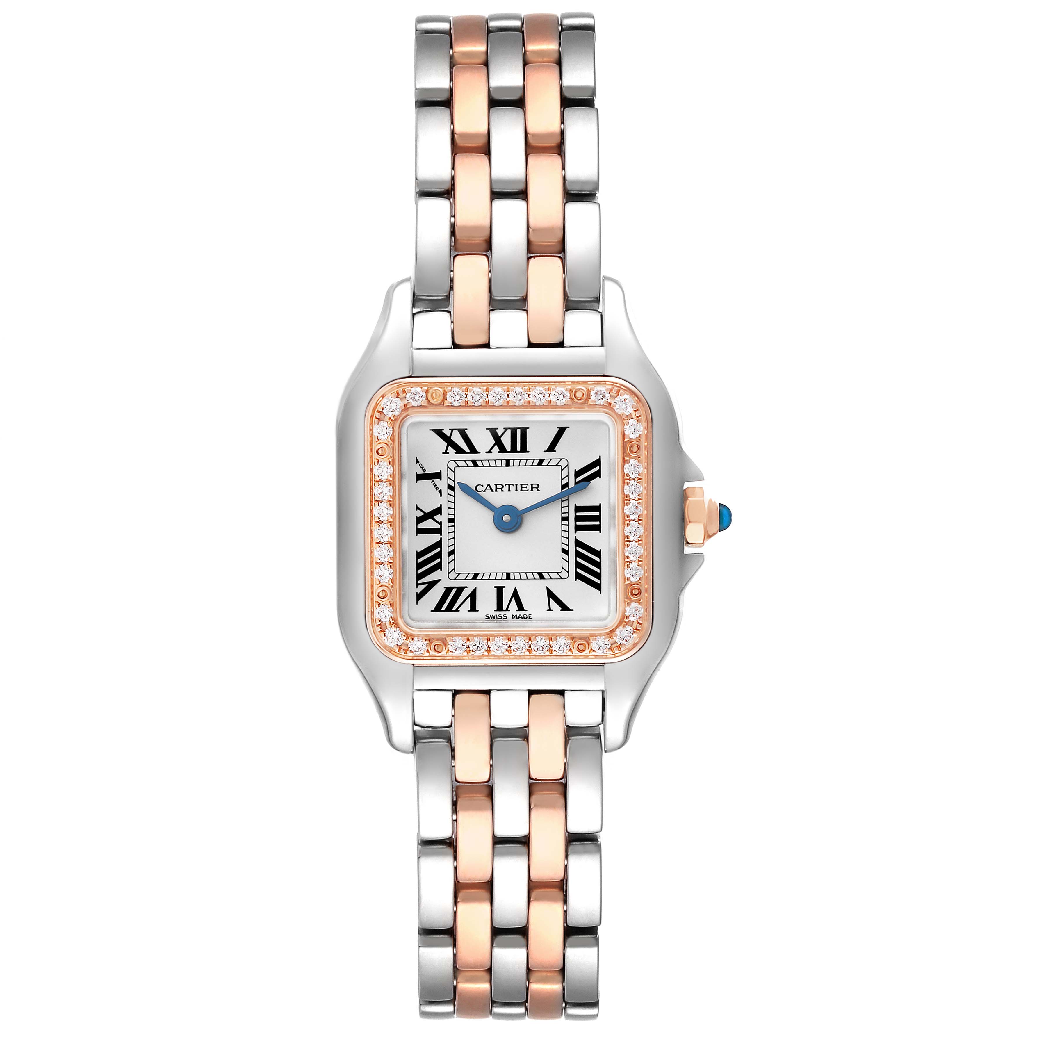 The image shows a front view of the Cartier Panthere W3PN0006 Women
s Steel and Gold (two tone) Silver Dial W3PN0006 Women
s Steel and Gold (two tone) Silver Dial watch, displaying its face, bezel, and part of the two-tone bracelet.
