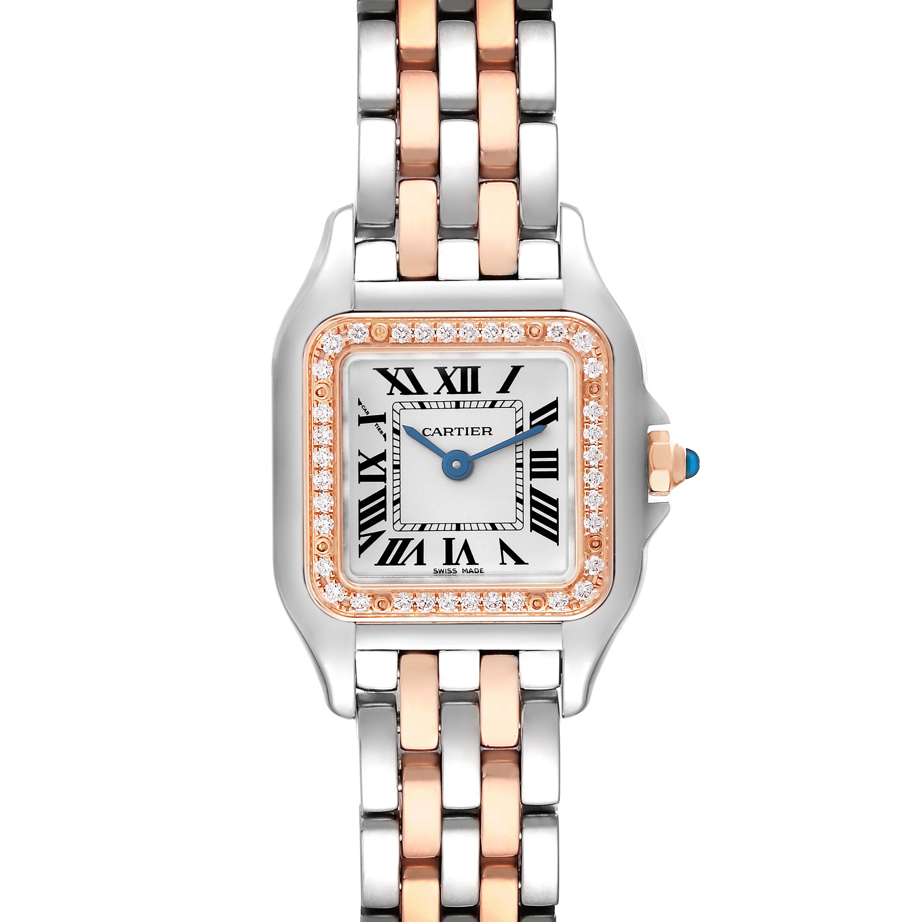 The image shows a frontal view of the Cartier Panthere W3PN0006 Women
s Steel and Gold (two tone) Silver Dial W3PN0006 Women
s Steel and Gold (two tone) Silver Dial watch, highlighting its face, bezel, and two-tone bracelet.