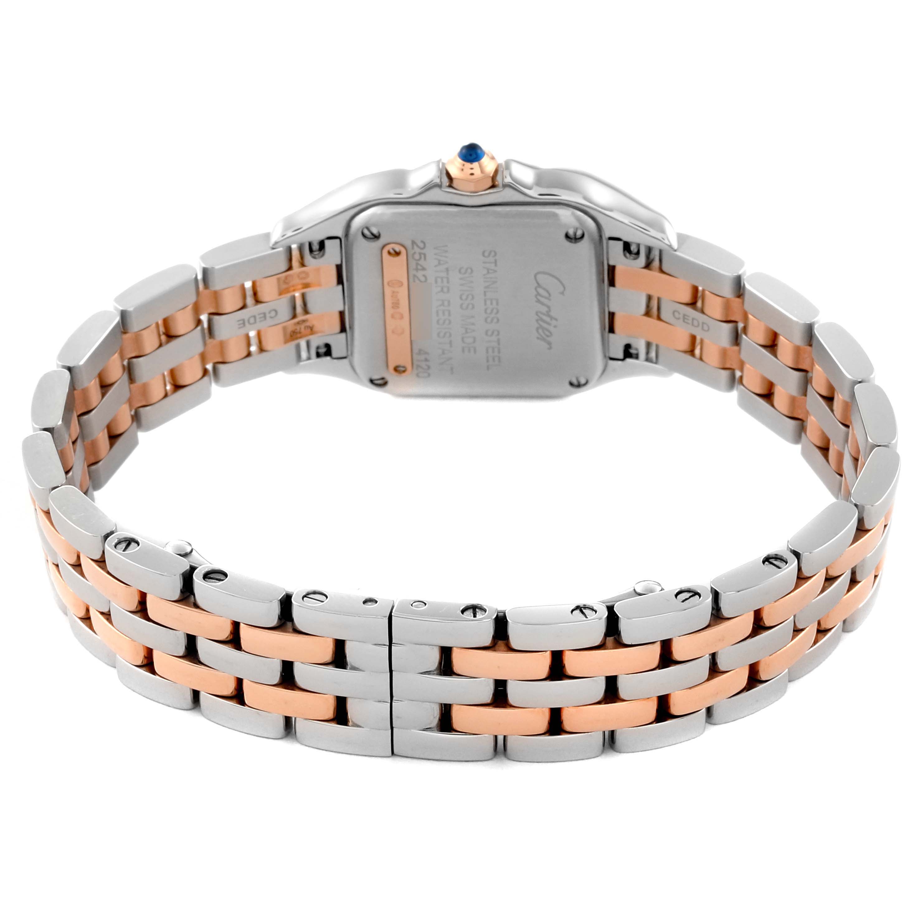 The image shows the back of a Cartier Panthere W3PN0006 Women
s Steel and Gold (two tone) Silver Dial W3PN0006 Women
s Steel and Gold (two tone) Silver Dial watch, highlighting its stainless steel and rose gold bracelet.
