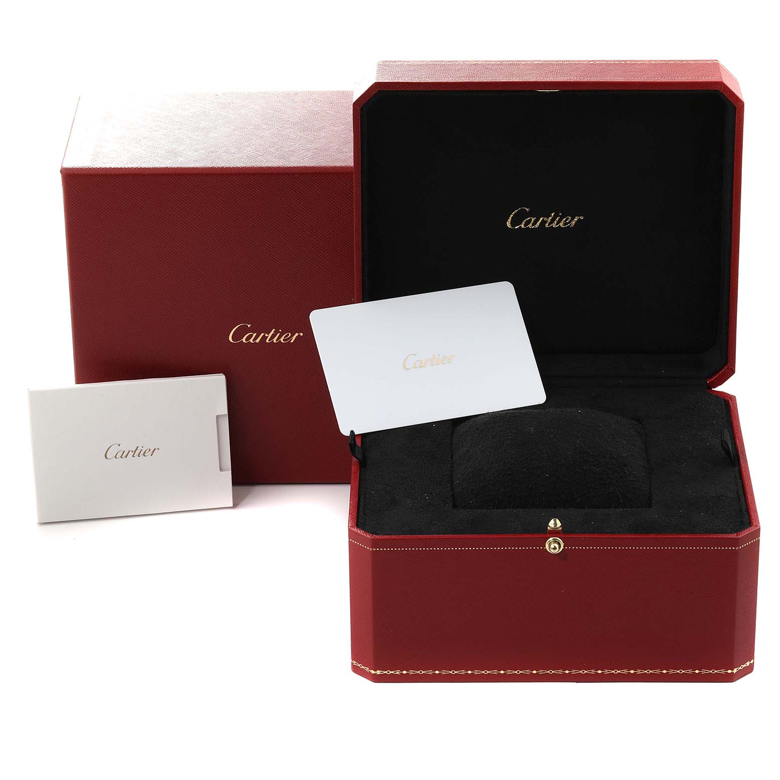 The image shows the packaging and accessories of a Cartier Panthere W3PN0006 Women
s Steel and Gold (two tone) Silver Dial W3PN0006 Women
s Steel and Gold (two tone) Silver Dial model watch, including a red box, an instruction booklet, and a card.