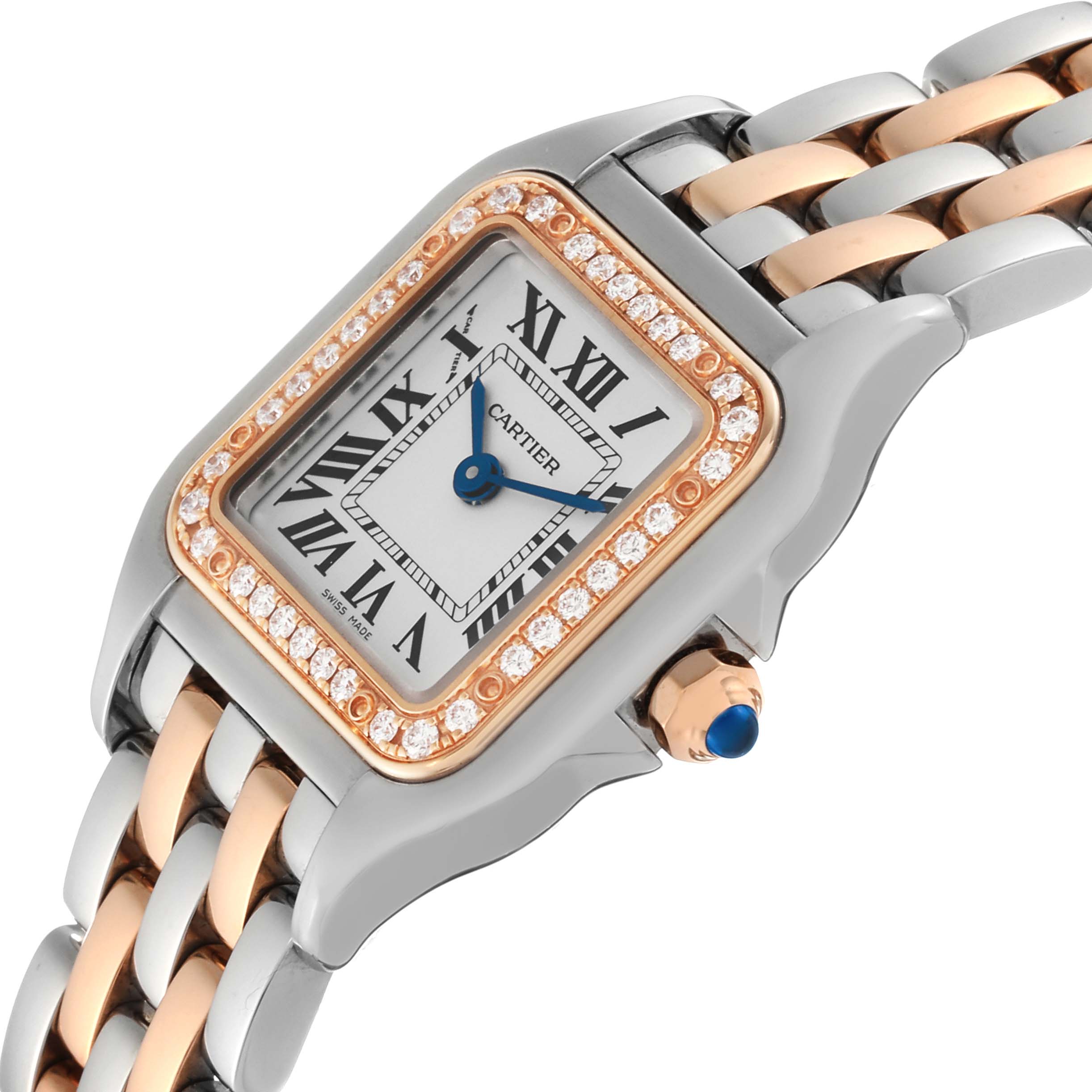 The image shows a close-up angle of the Cartier Panthere W3PN0006 Women
s Steel and Gold (two tone) Silver Dial W3PN0006 Women
s Steel and Gold (two tone) Silver Dial watch, highlighting its face, bezel, and part of the band.