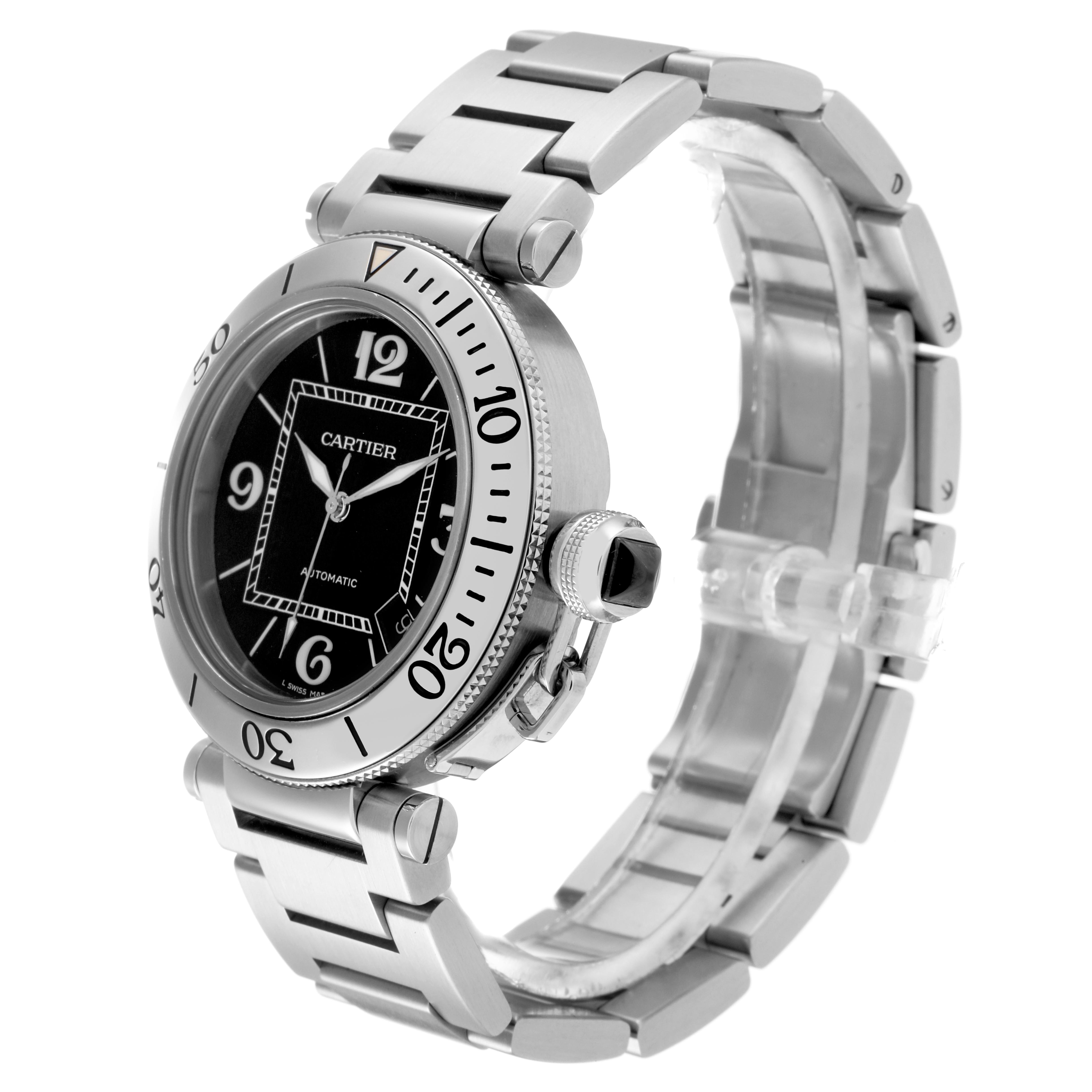 The image shows a Cartier Pasha W31077M7 Men's Stainless Steel Black Dial W31077M7 Men's Stainless Steel Black Dial watch at a three-quarter angle, highlighting the face, bezel, and bracelet.