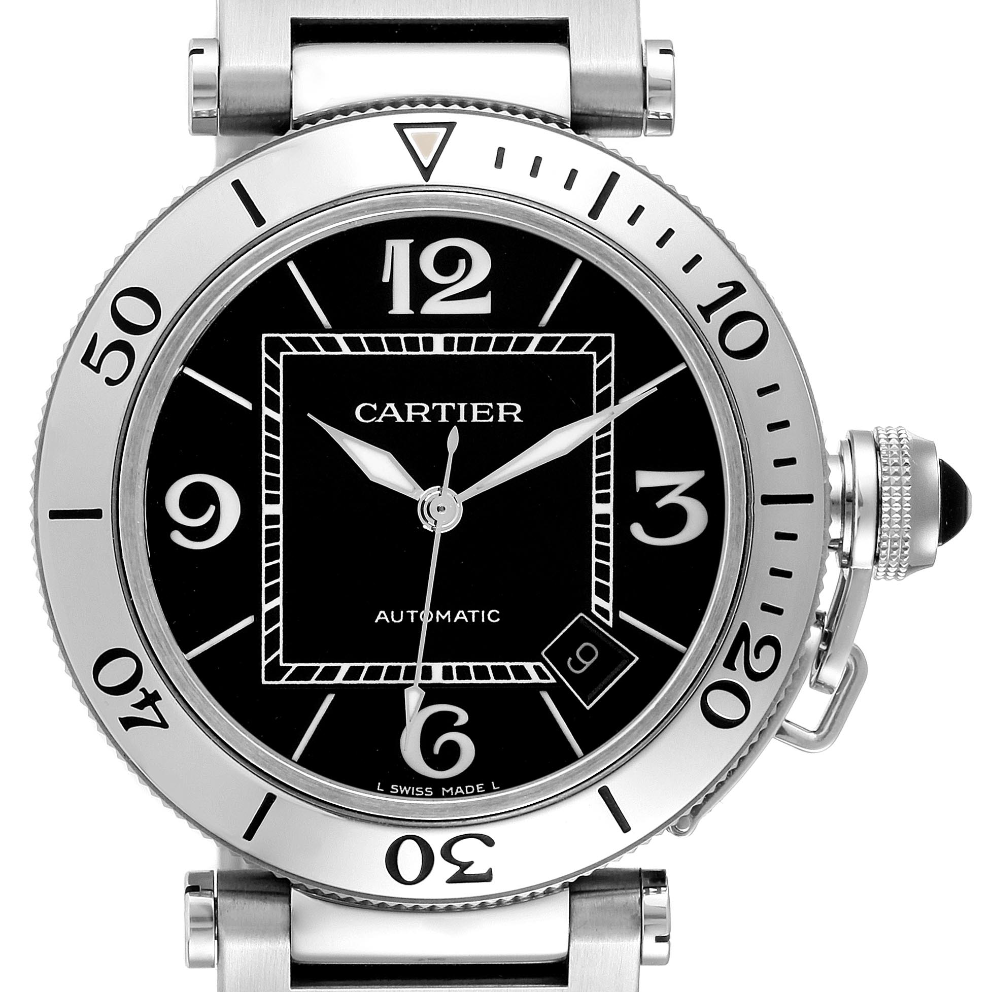 The Cartier Pasha W31077M7 Men's Stainless Steel Black Dial W31077M7 Men's Stainless Steel Black Dial watch is shown from the front, highlighting the dial, hands, bezel, and crown.