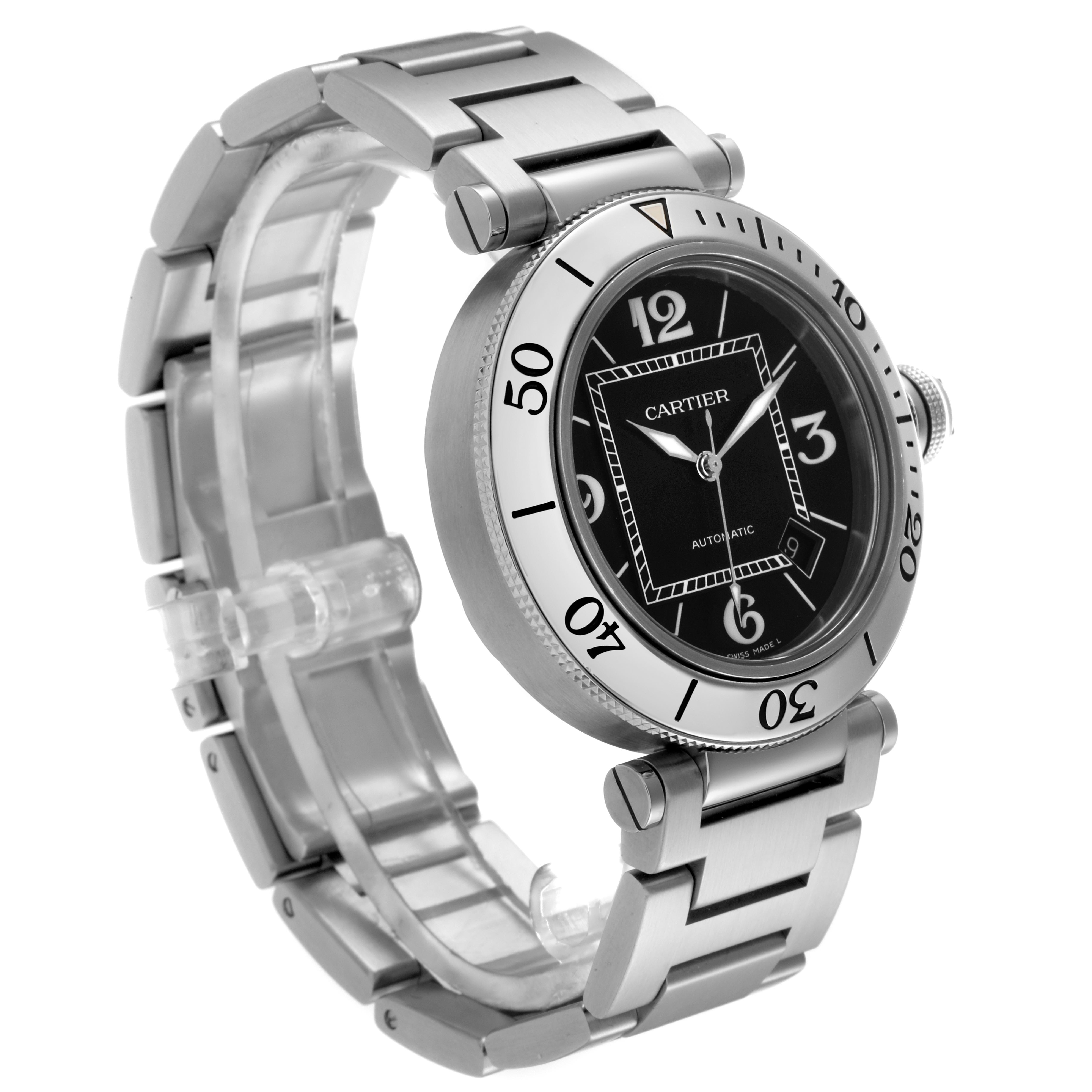 The Cartier Pasha W31077M7 Men's Stainless Steel Black Dial W31077M7 Men's Stainless Steel Black Dial watch is shown at an angled side view, highlighting the bezel, dial, bracelet, and crown.