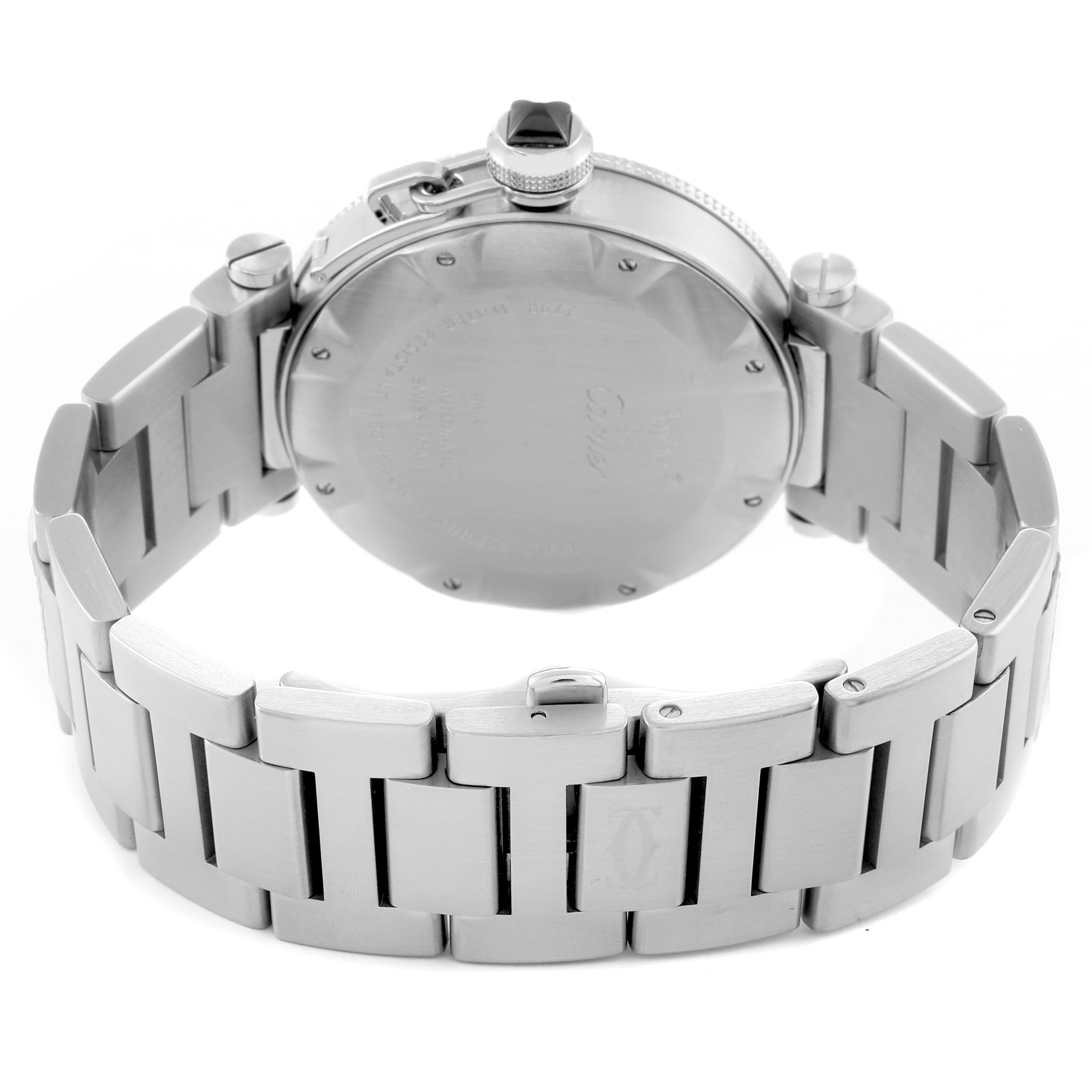 The image shows the back and side profile of a Cartier Pasha W31077M7 Men's Stainless Steel Black Dial W31077M7 Men's Stainless Steel Black Dial watch, highlighting its stainless steel bracelet and case back.