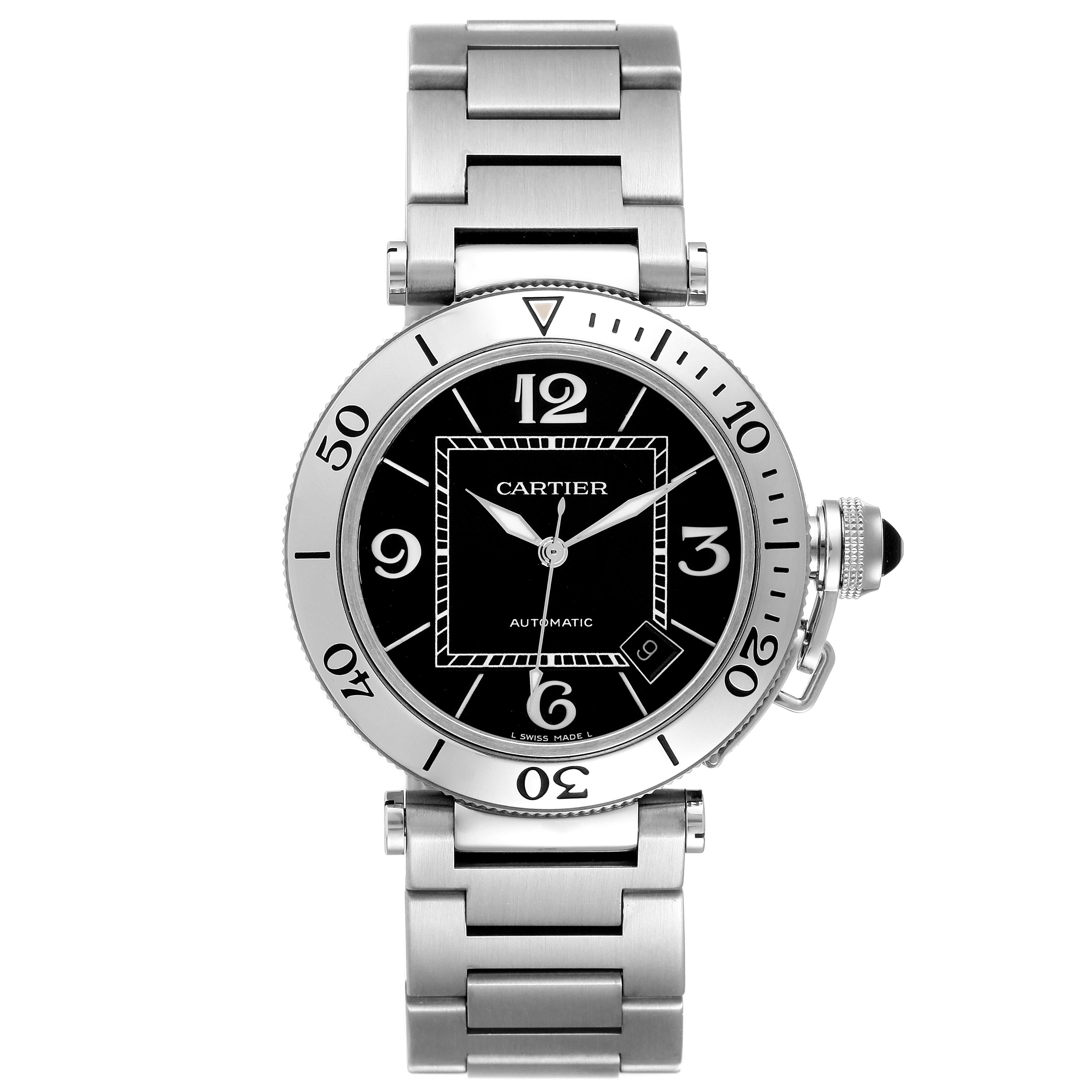 The image shows a top-down view of the Cartier Pasha W31077M7 Men's Stainless Steel Black Dial W31077M7 Men's Stainless Steel Black Dial watch, highlighting its face, bezel, and bracelet.