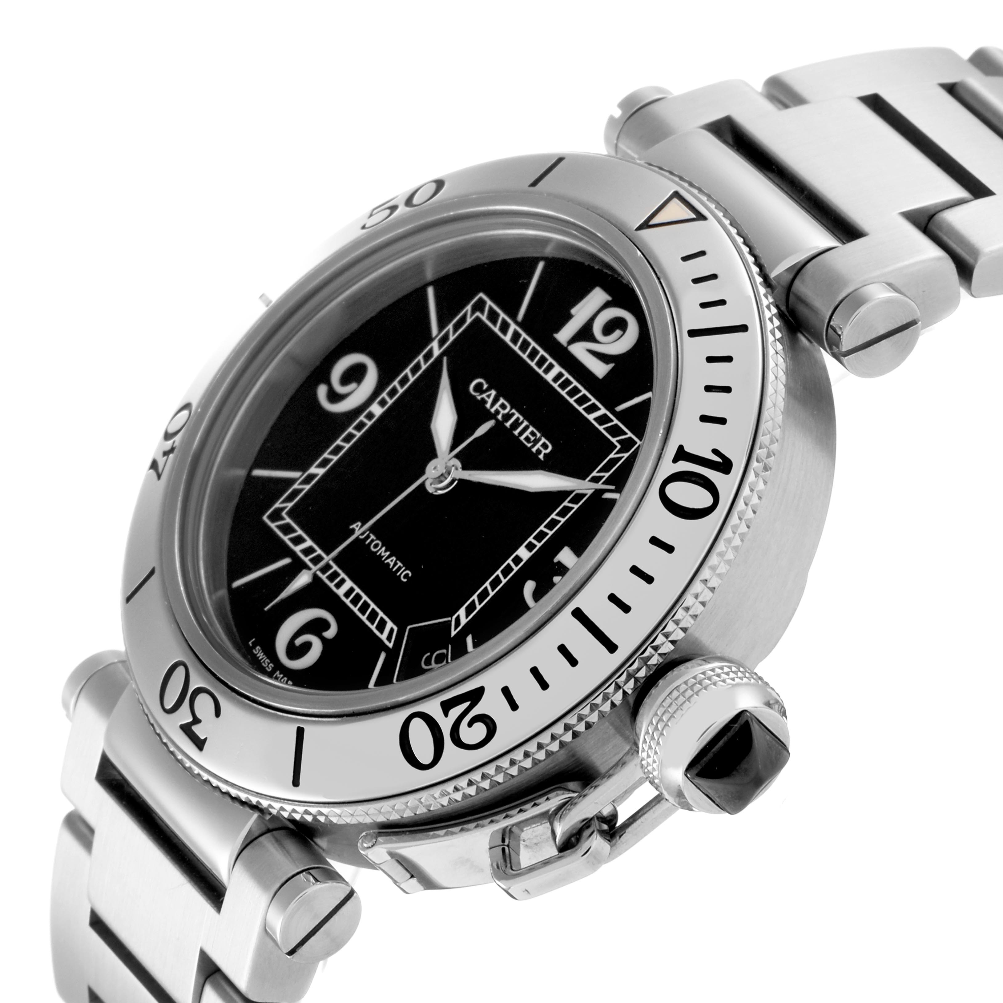 The Cartier Pasha W31077M7 Men's Stainless Steel Black Dial W31077M7 Men's Stainless Steel Black Dial watch is shown at an angle highlighting the face, bezel, crown, and part of the bracelet.