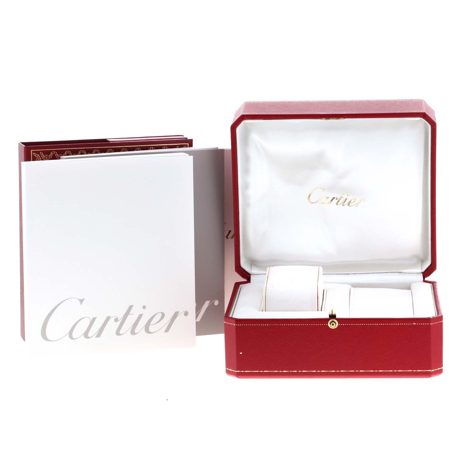 The image shows a Cartier Roadster W62017V3 Women
s Stainless Steel Pink Dial W62017V3 Women
s Stainless Steel Pink Dial watch presentation box and accompanying booklets, viewed from the front.