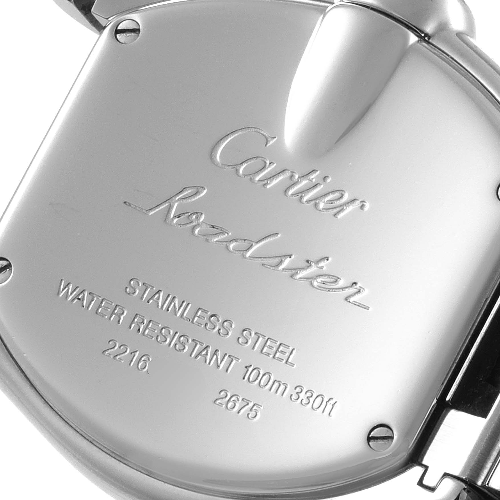 The image shows the stainless steel back case of a Cartier Roadster W62017V3 Women
s Stainless Steel Pink Dial W62017V3 Women
s Stainless Steel Pink Dial watch, highlighting its water resistance details.