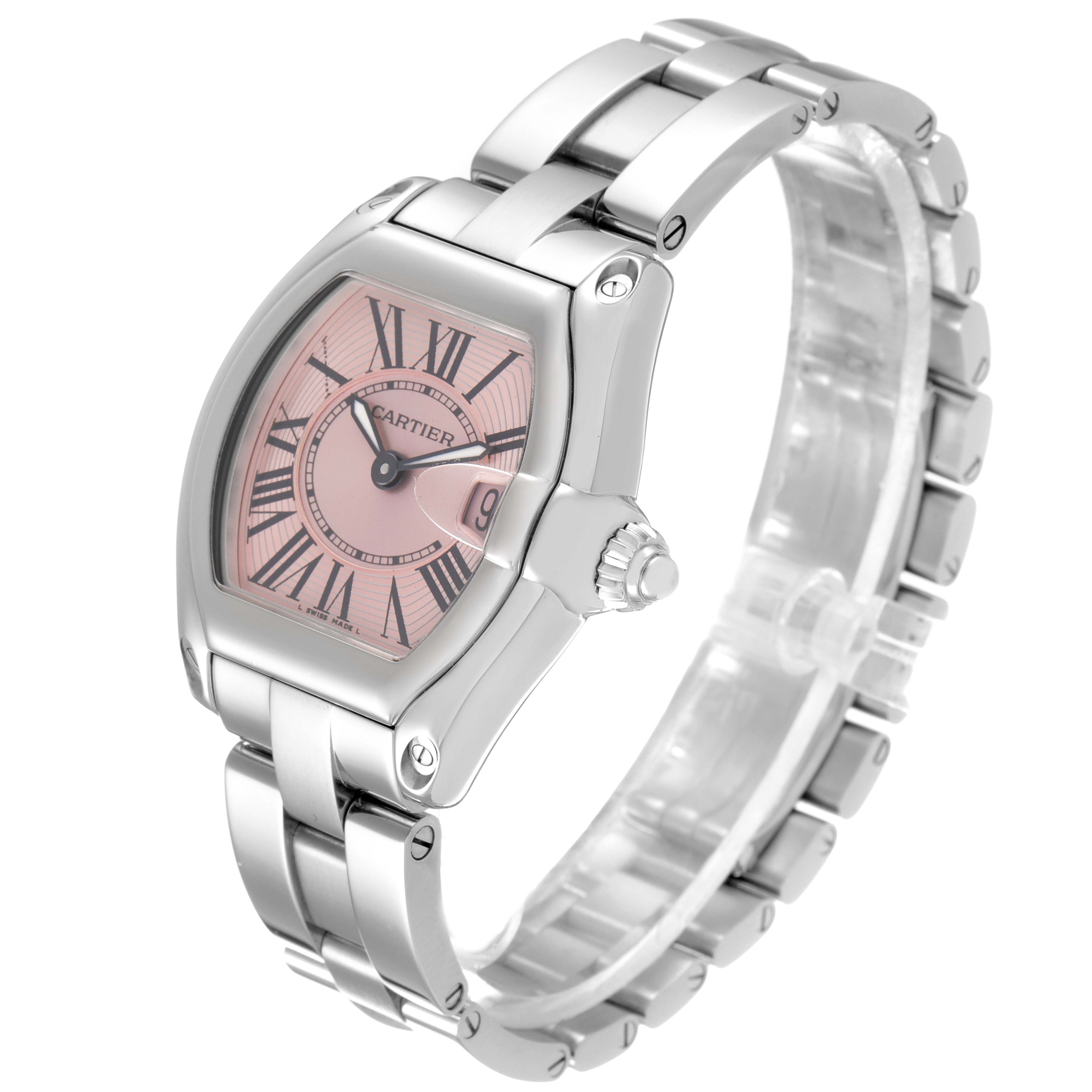 This image shows a Cartier Roadster W62017V3 Women
s Stainless Steel Pink Dial W62017V3 Women
s Stainless Steel Pink Dial watch from an angled side view, highlighting the face, bezel, and bracelet.