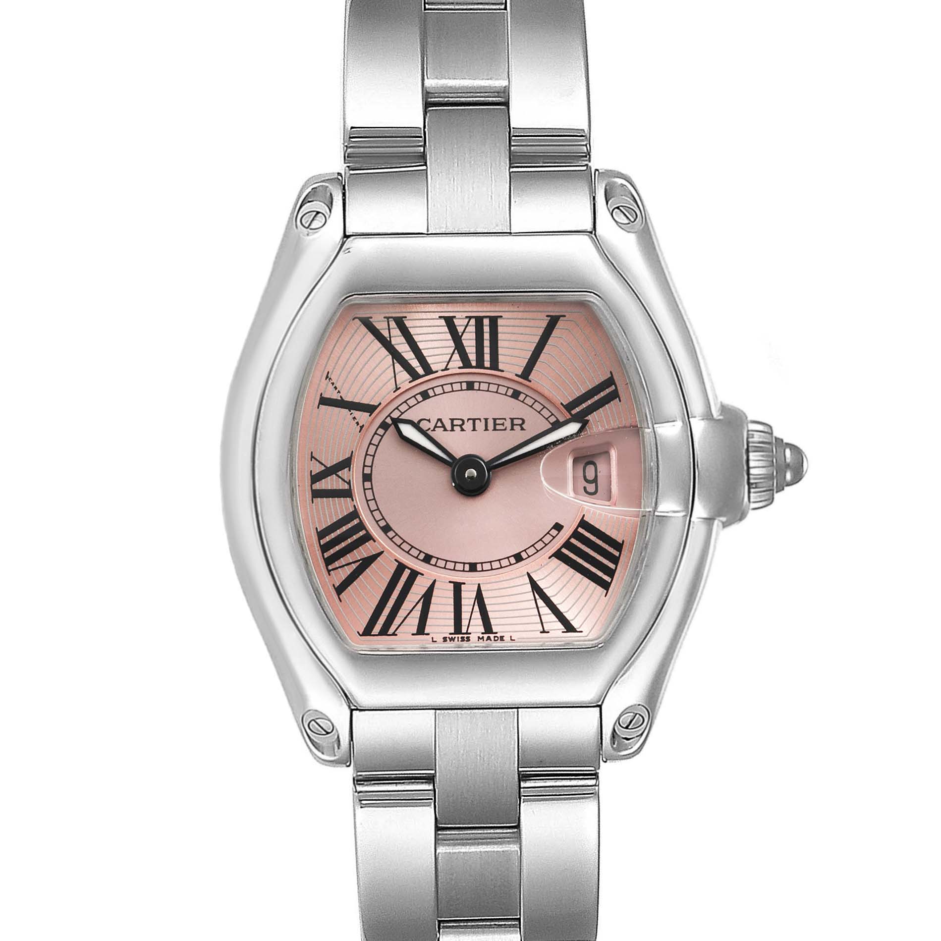 This is a front view of a Cartier Roadster W62017V3 Women
s Stainless Steel Pink Dial W62017V3 Women
s Stainless Steel Pink Dial watch showing the face, case, and part of the bracelet.