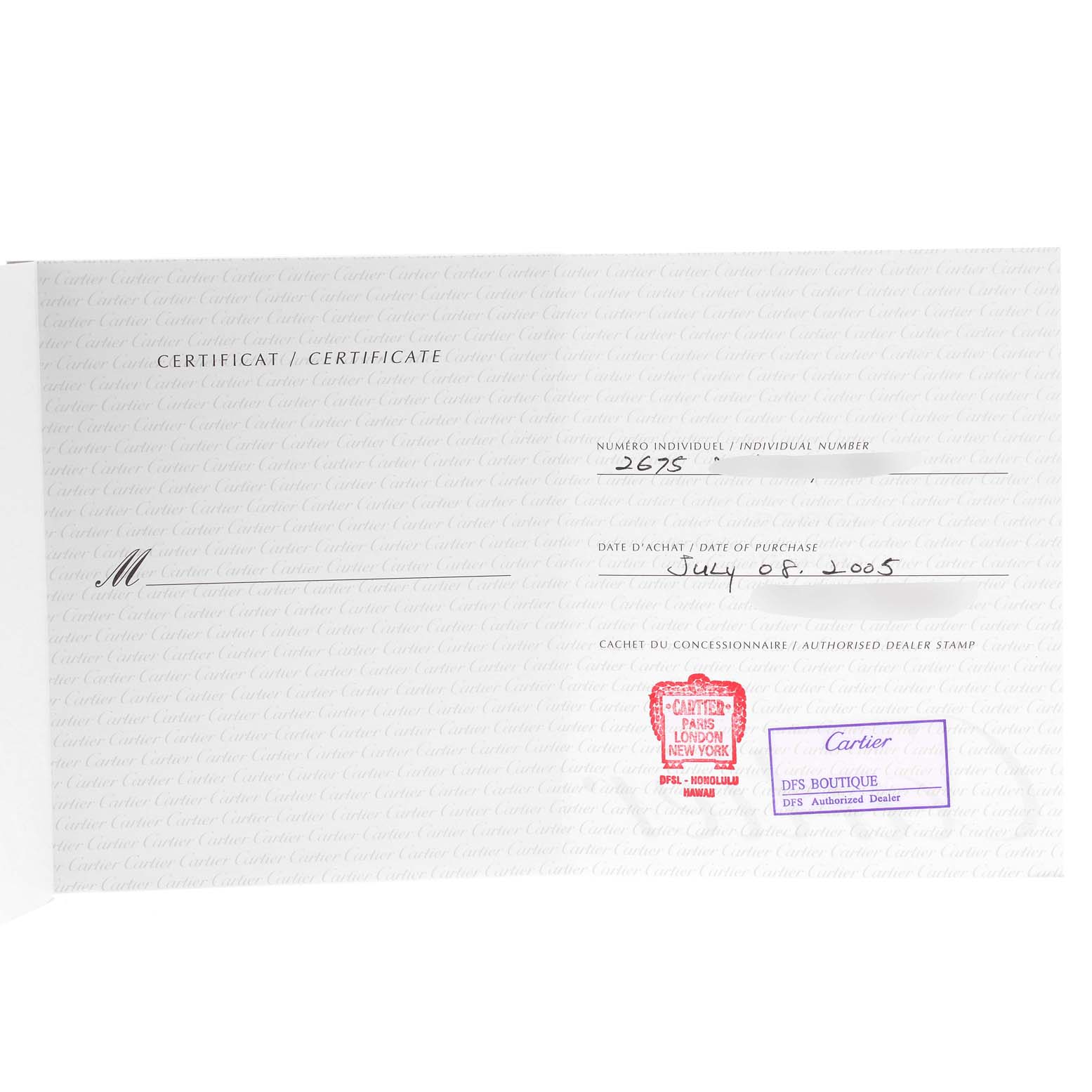 This image shows the certificate of Best Quality
ity for a Cartier Roadster W62017V3 Women
s Stainless Steel Pink Dial W62017V3 Women
s Stainless Steel Pink Dial watch, including purchase date and dealer stamps.