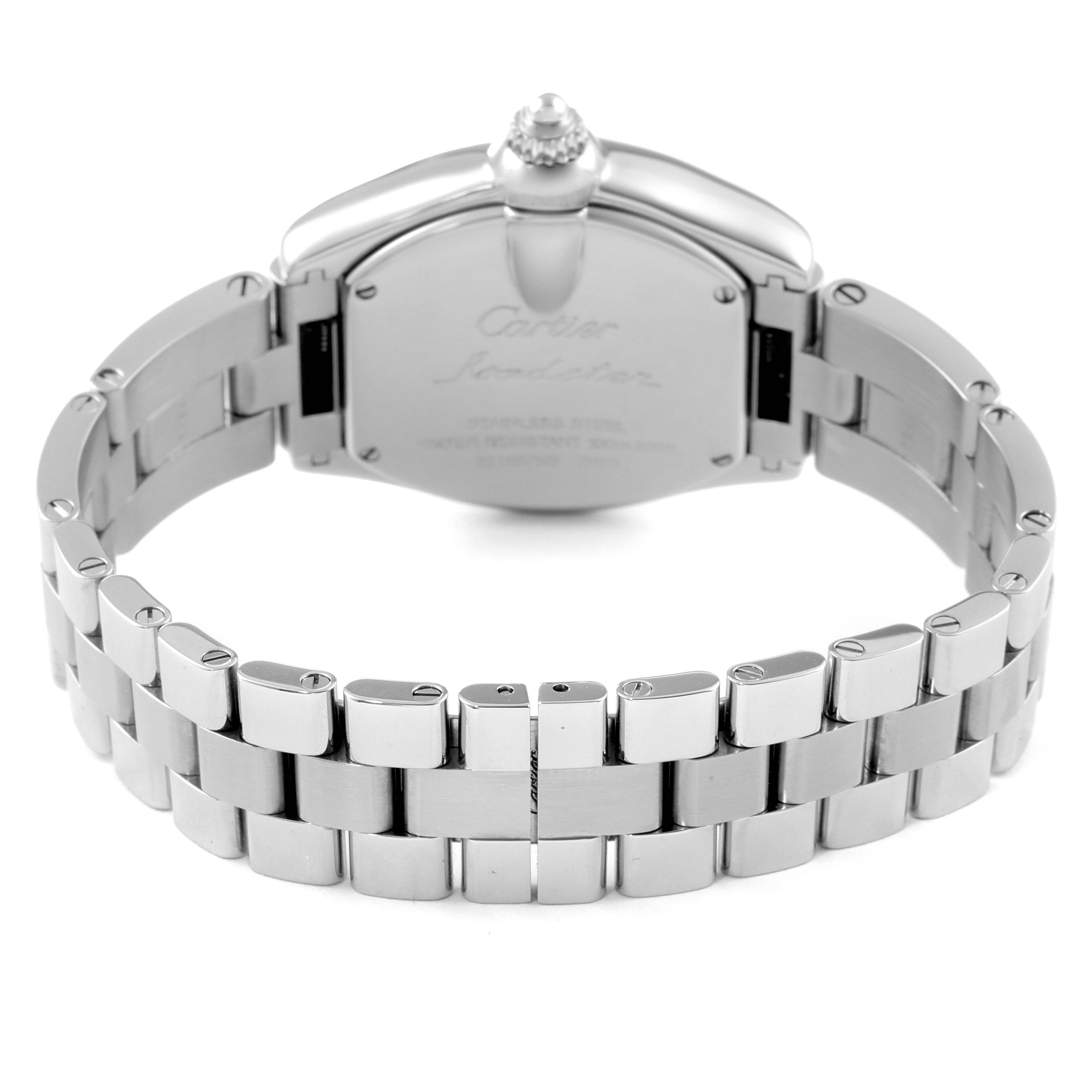 The image shows the back view of a Cartier Roadster W62017V3 Women
s Stainless Steel Pink Dial W62017V3 Women
s Stainless Steel Pink Dial watch, focusing on the bracelet and case back.