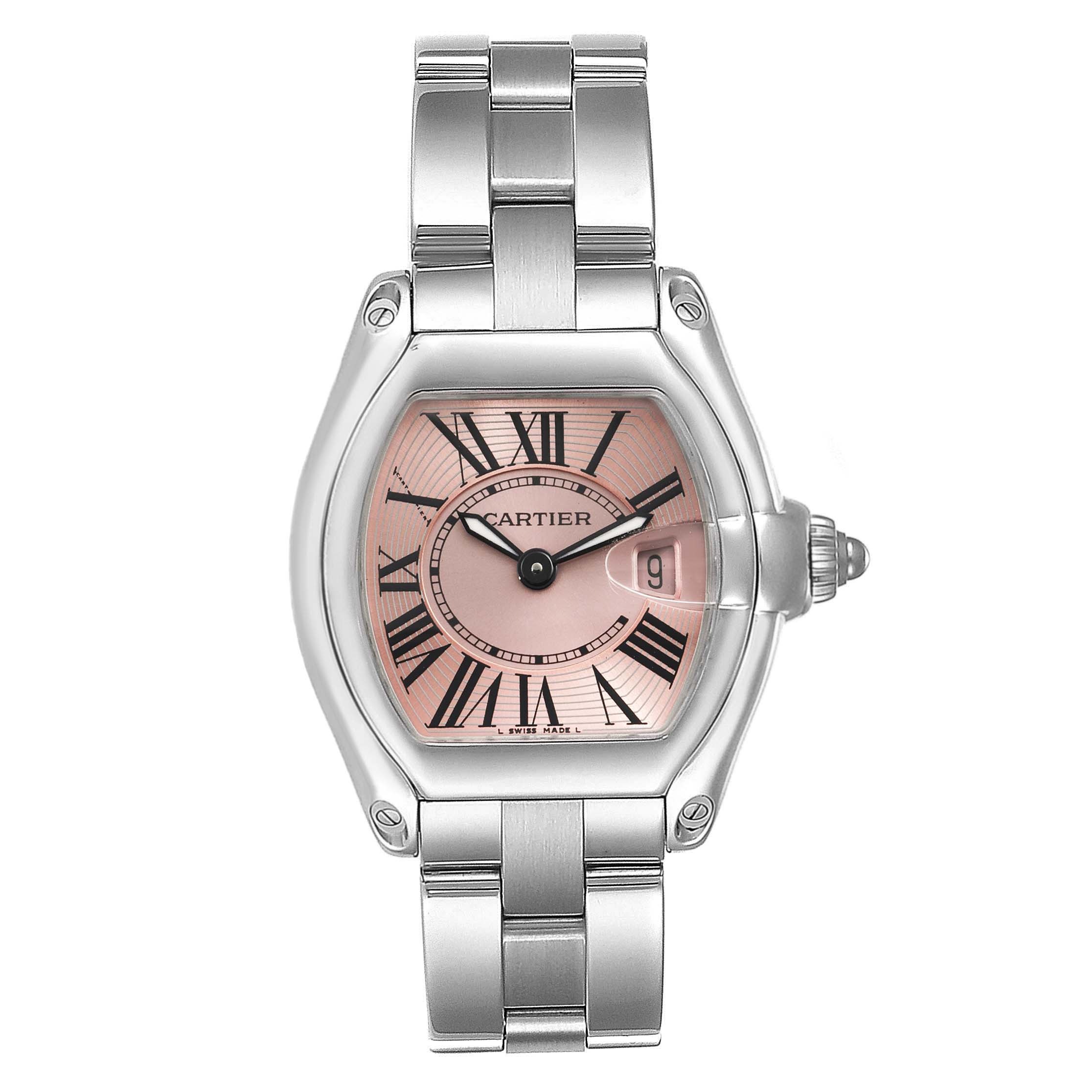 The image shows a front view of the Cartier Roadster W62017V3 Women
s Stainless Steel Pink Dial W62017V3 Women
s Stainless Steel Pink Dial watch, displaying its face, bezel, and part of the bracelet.