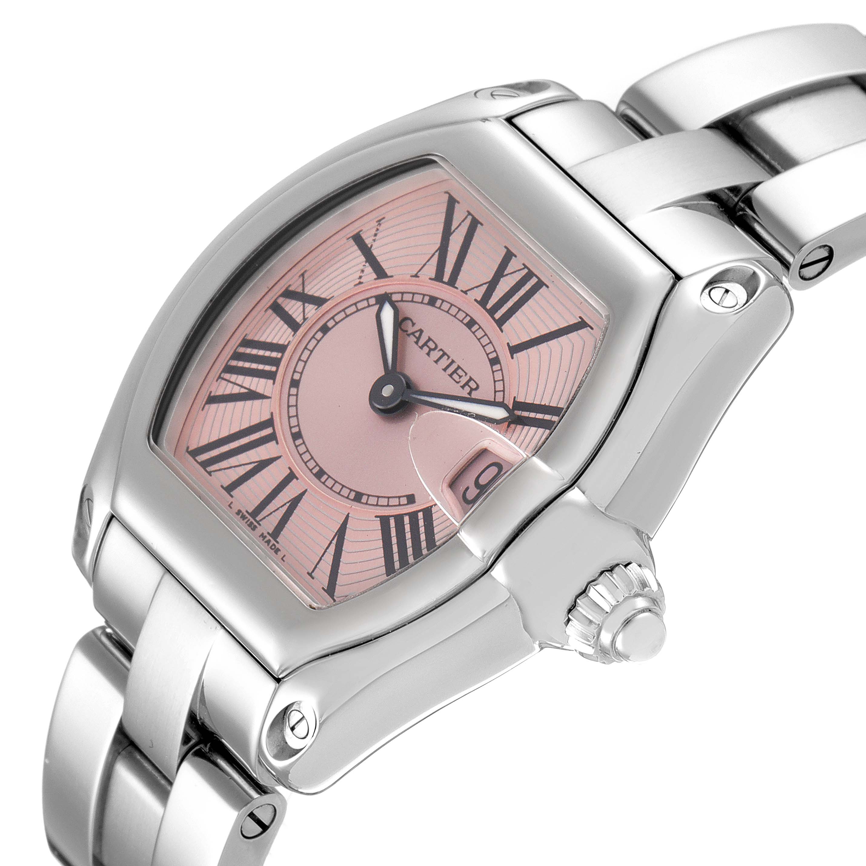 The Cartier Roadster W62017V3 Women
s Stainless Steel Pink Dial W62017V3 Women
s Stainless Steel Pink Dial watch is shown at an angled view, highlighting the pink dial, Roman numerals, case, and part of the bracelet.