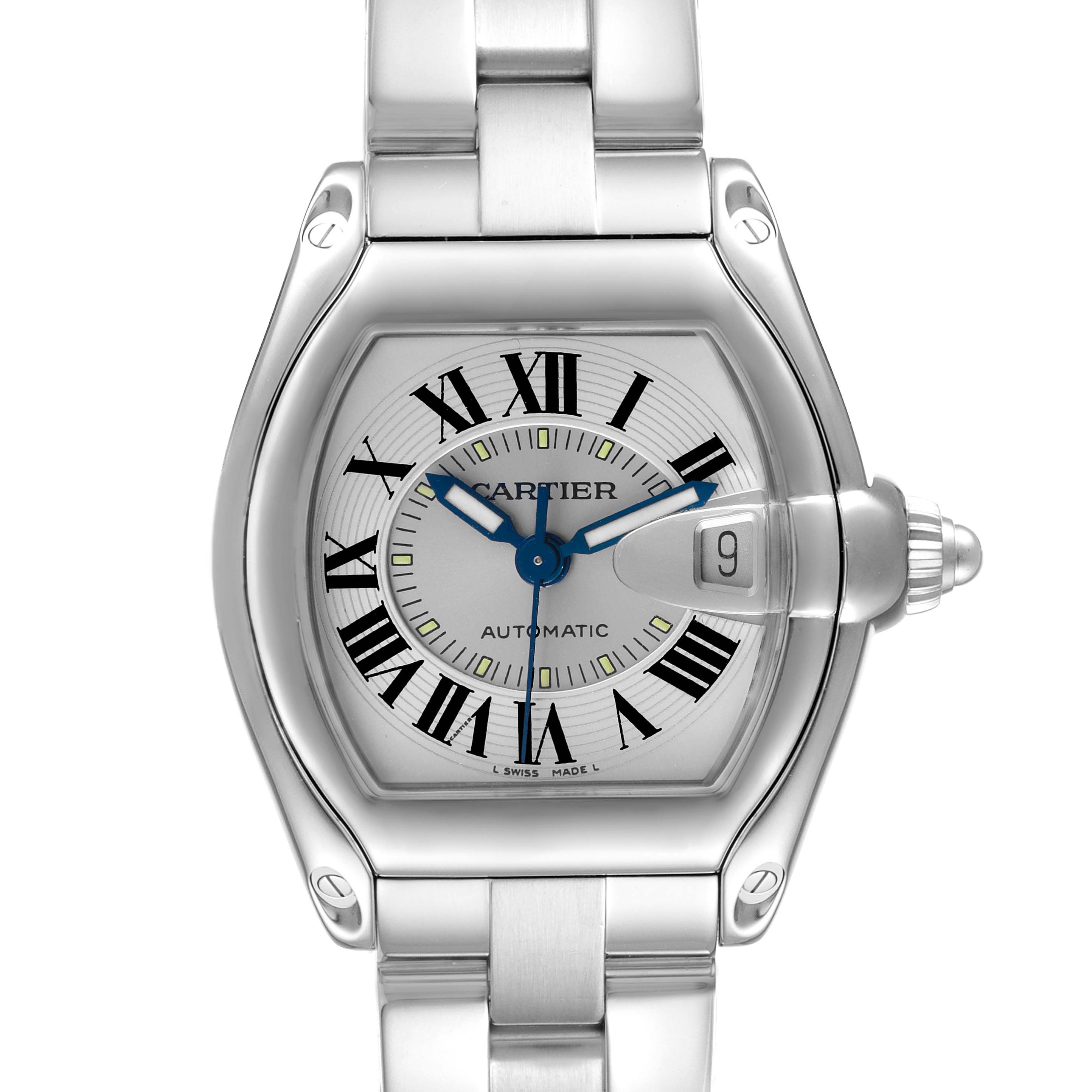 The image shows a front view of the Cartier Roadster W62000V3 Men
s Stainless Steel Silver Dial W62000V3 Men
s Stainless Steel Silver Dial watch, displaying the dial, case, and part of the stainless steel bracelet.
