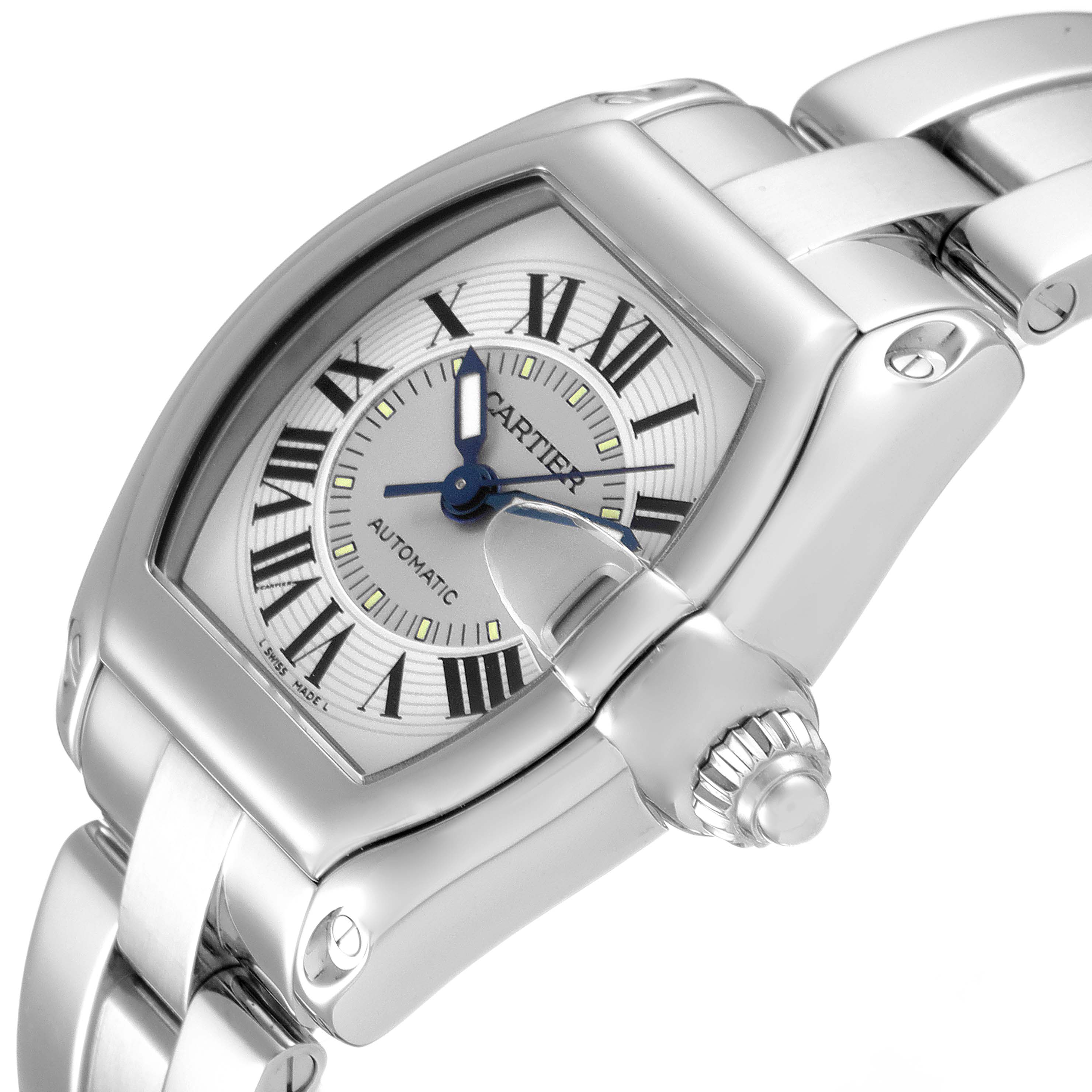 The Cartier Roadster W62000V3 Men
s Stainless Steel Silver Dial W62000V3 Men
s Stainless Steel Silver Dial watch is shown from an angled close-up, highlighting the dial, bezel, crown, and part of the bracelet.