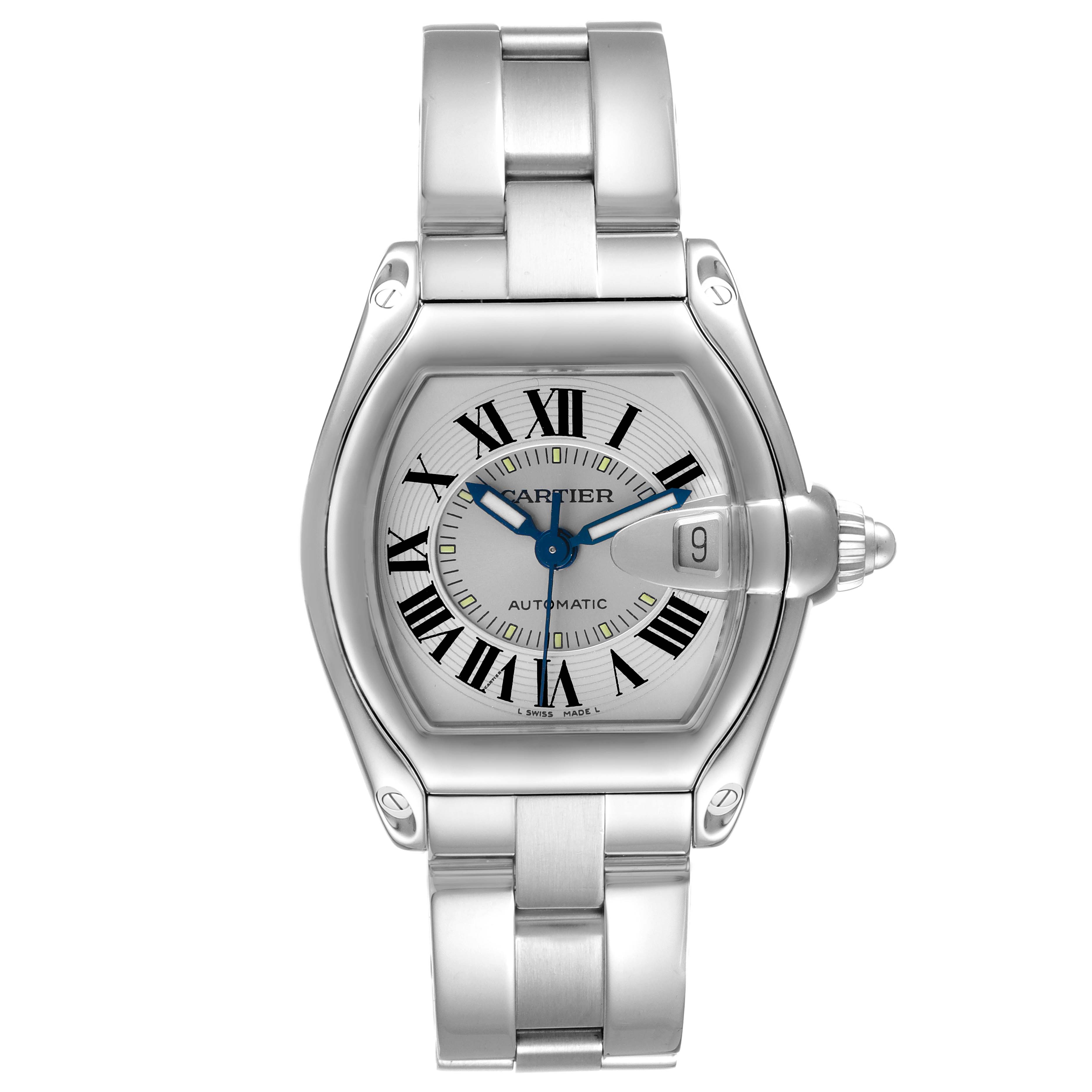 This image shows a front view of the Cartier Roadster W62000V3 Men
s Stainless Steel Silver Dial W62000V3 Men
s Stainless Steel Silver Dial model watch, highlighting its face, Roman numerals, date, and metallic bracelet.