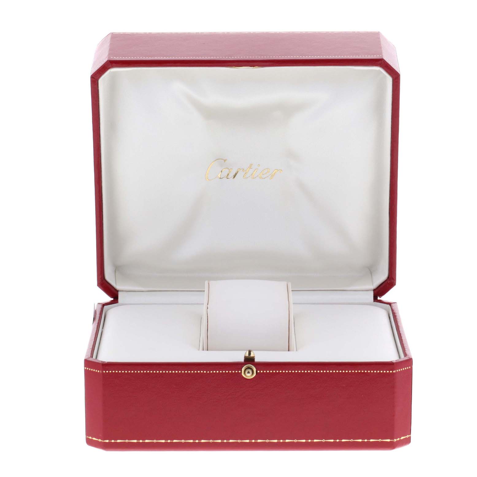The image shows an open red Cartier box for the Roadster model, viewed from the front with white interior cushioning.