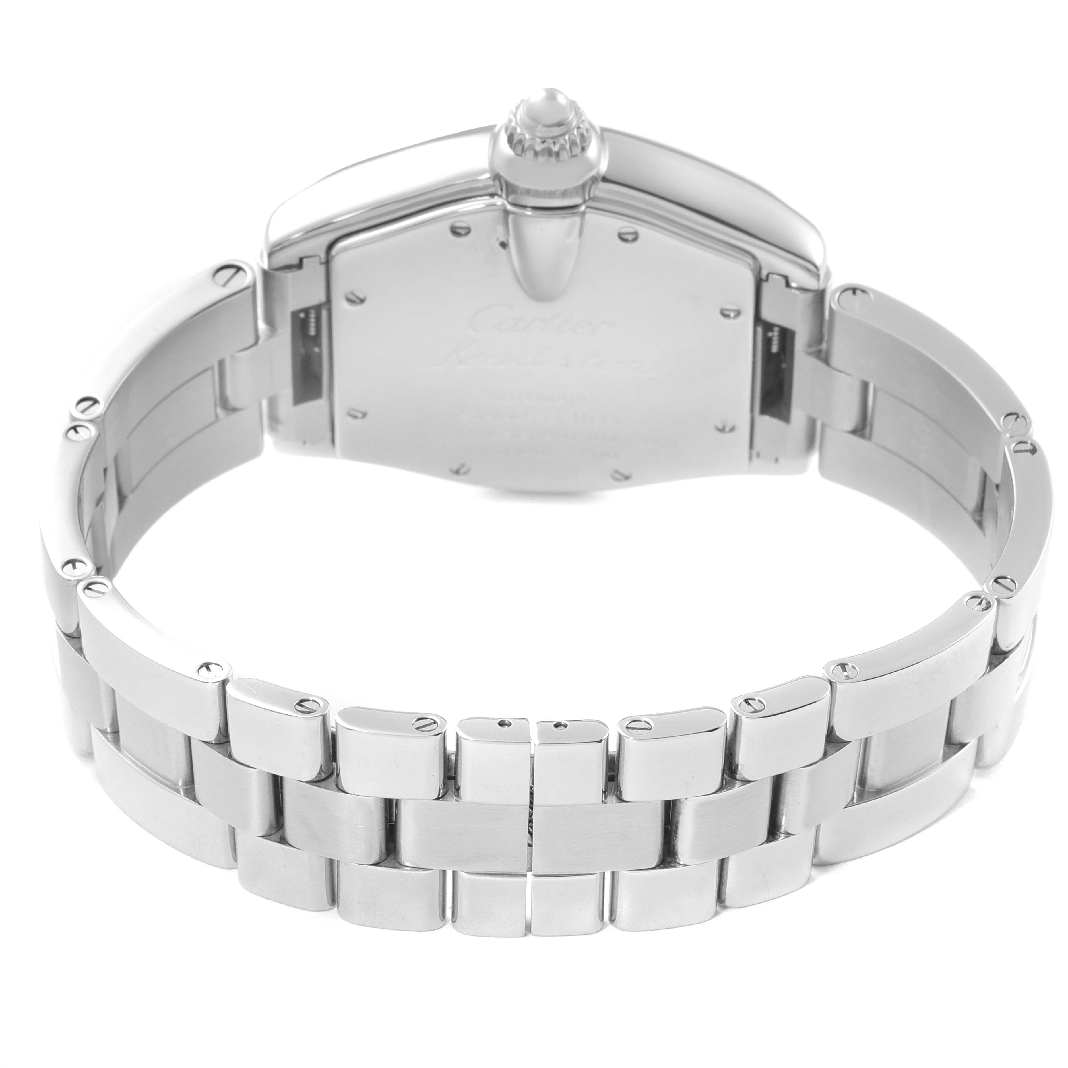 The image shows the back side and bracelet of the Cartier Roadster W62000V3 Men
s Stainless Steel Silver Dial W62000V3 Men
s Stainless Steel Silver Dial watch.
