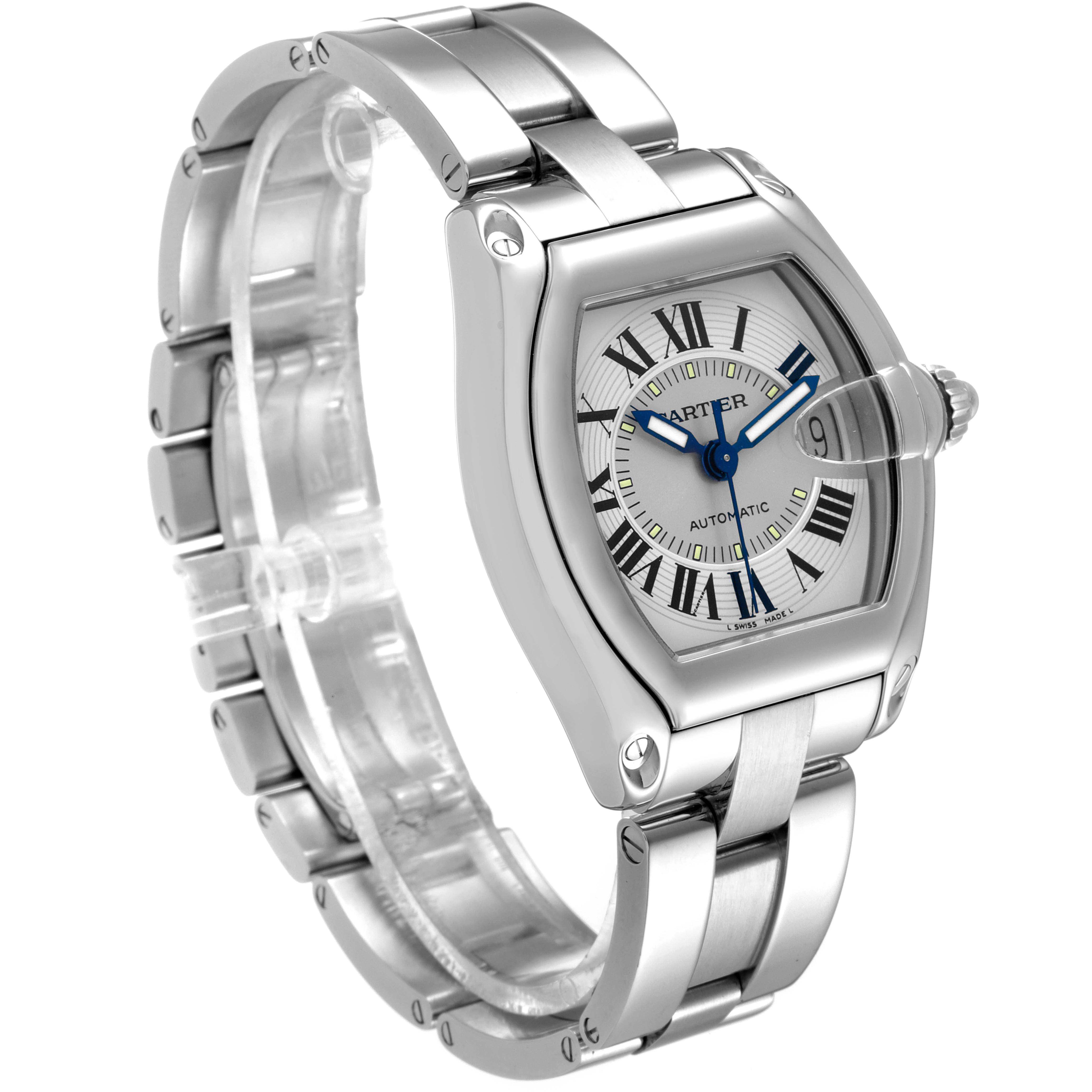 The image shows the Cartier Roadster W62000V3 Men
s Stainless Steel Silver Dial W62000V3 Men
s Stainless Steel Silver Dial watch at a three-quarter angle, highlighting the dial, case, and metal bracelet.