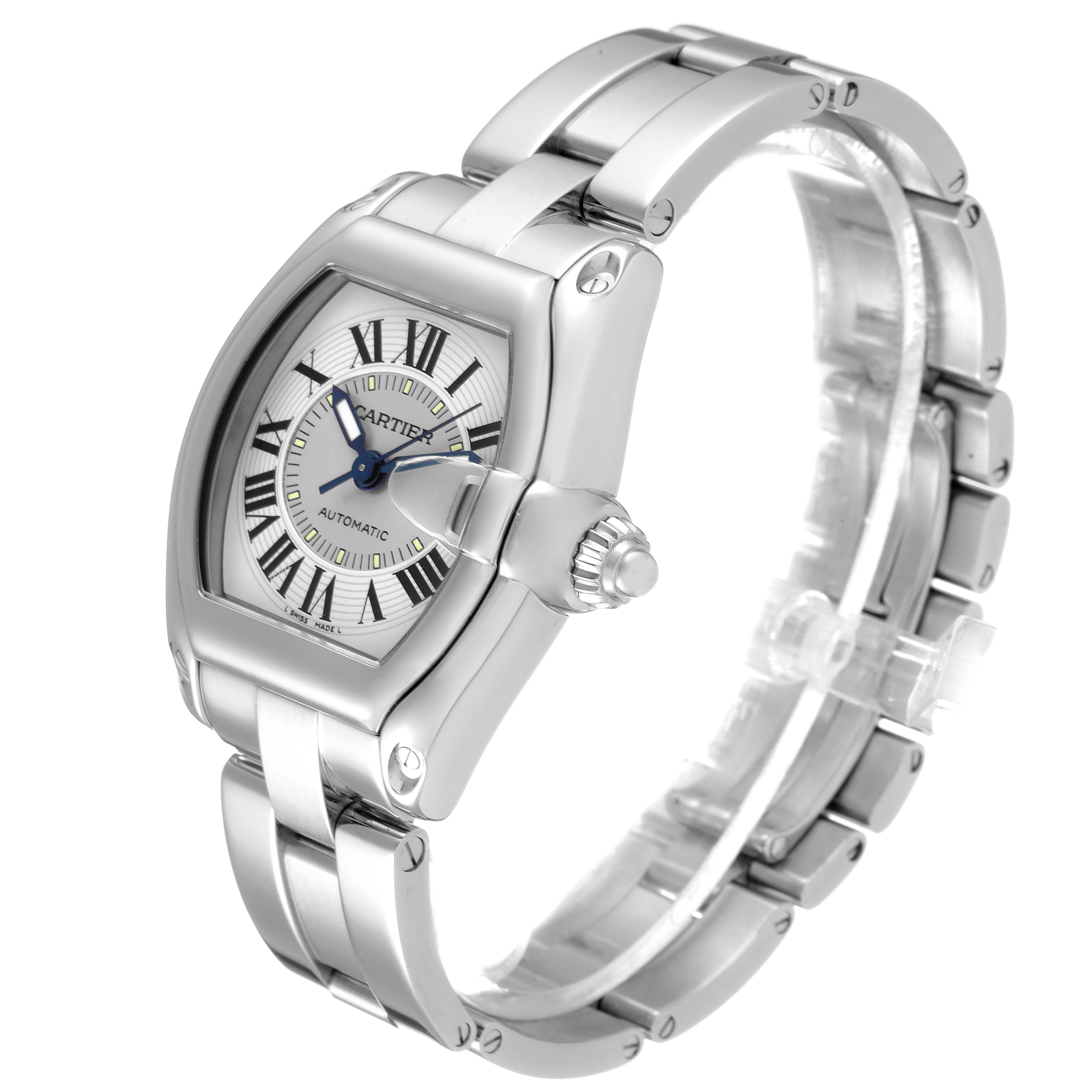 The Cartier Roadster W62000V3 Men
s Stainless Steel Silver Dial W62000V3 Men
s Stainless Steel Silver Dial watch is shown at a three-quarter angle, displaying the dial, bracelet, and crown.