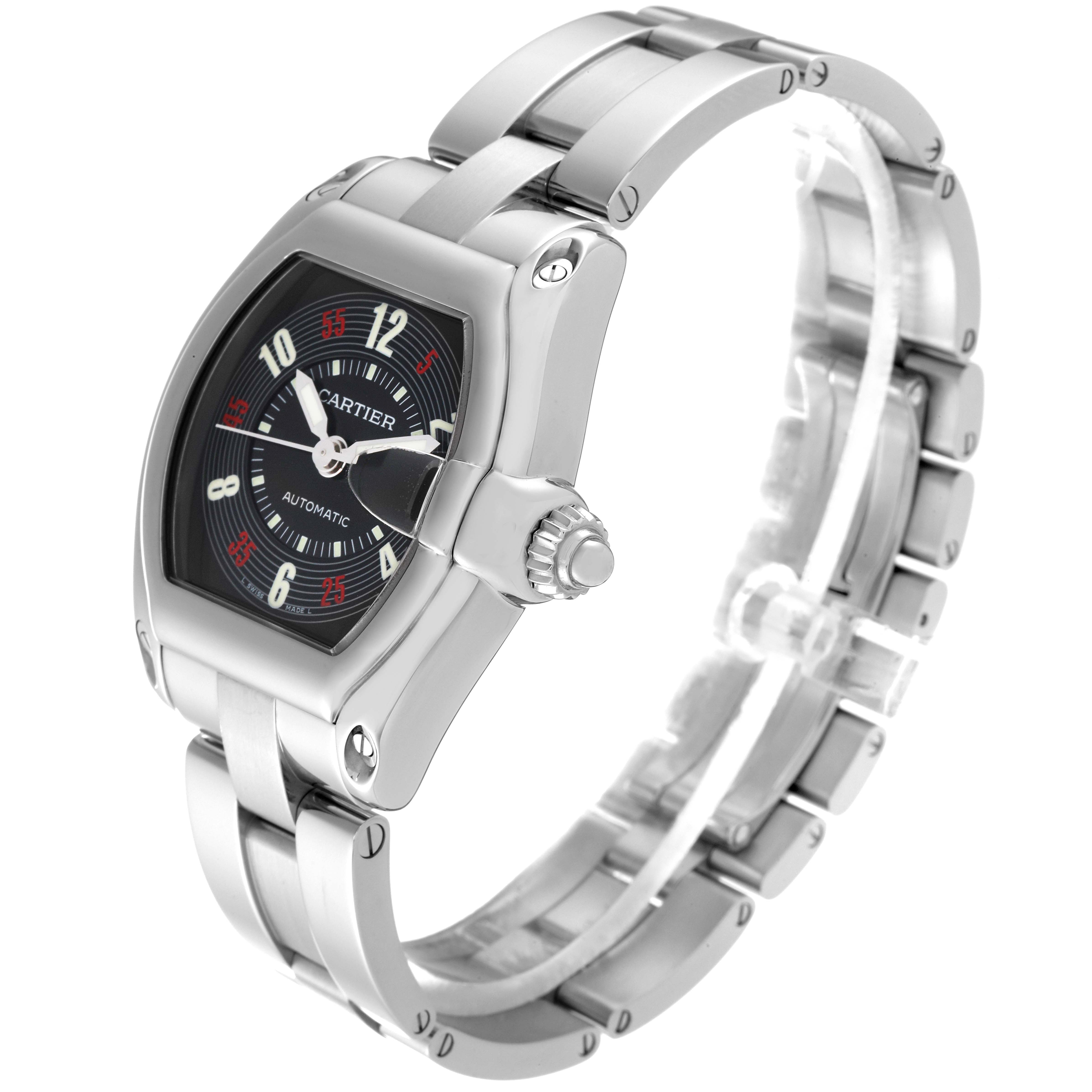 The Cartier Roadster W62002V3 Men's Stainless Steel Black Dial W62002V3 Men's Stainless Steel Black Dial watch is shown at an angle displaying the face, crown, and bracelet.