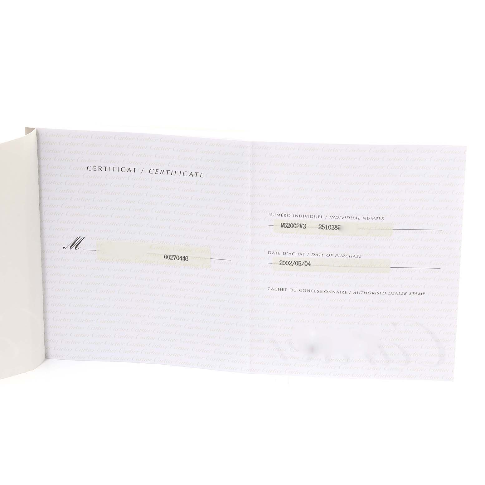 This image shows the certificate of purchase documentation for the Cartier Roadster W62002V3 Men's Stainless Steel Black Dial W62002V3 Men's Stainless Steel Black Dial model watch.